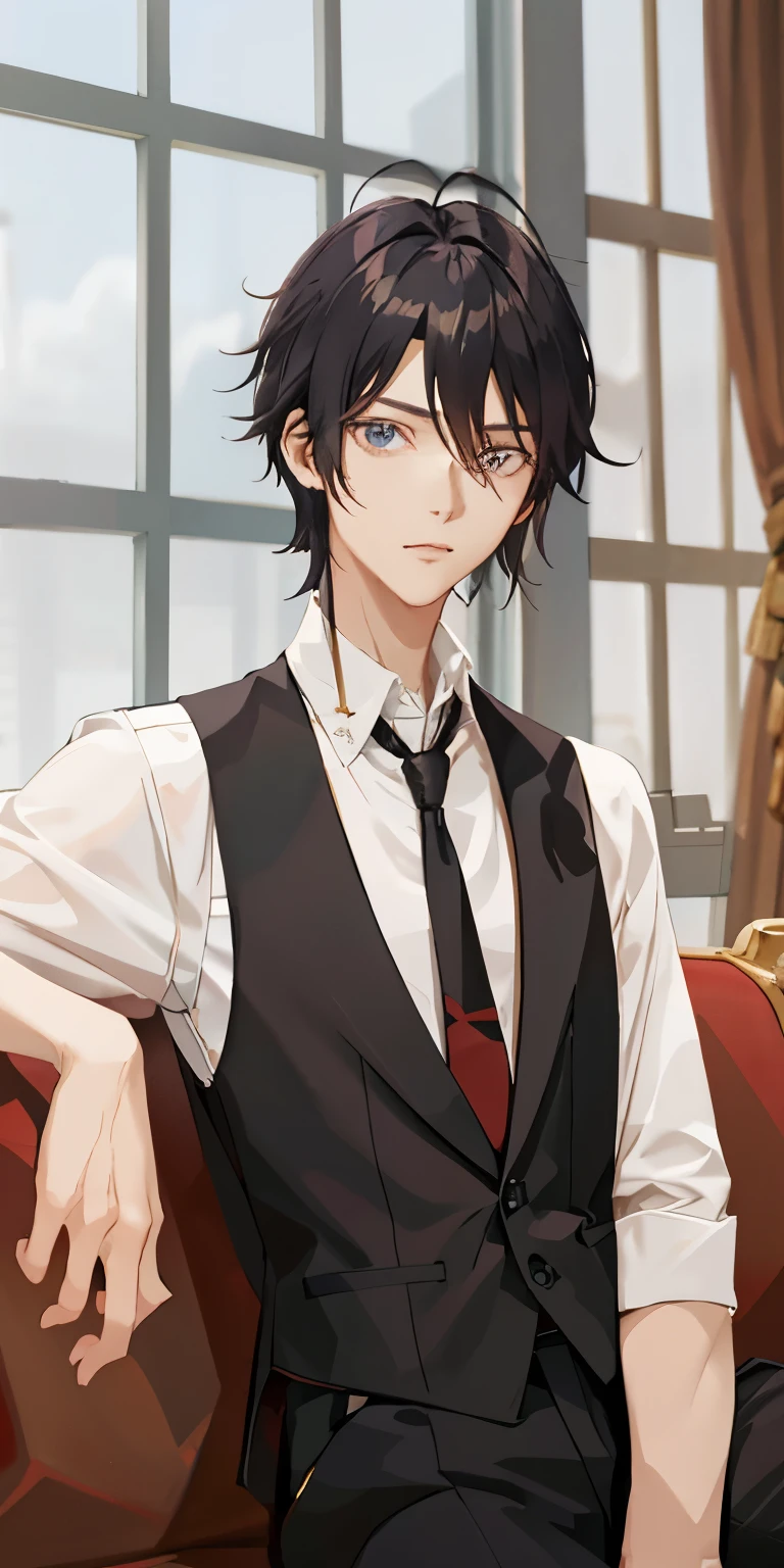 anime image of a man in a vest and tie sitting on a couch, delicate androgynous prince, handsome anime pose, beautiful androgynous prince, (sfw) safe for work, inspired by Bian Shoumin, handsome prince, anime handsome man, sakimichan, official fanart, doing an elegant pose over you, manhwa