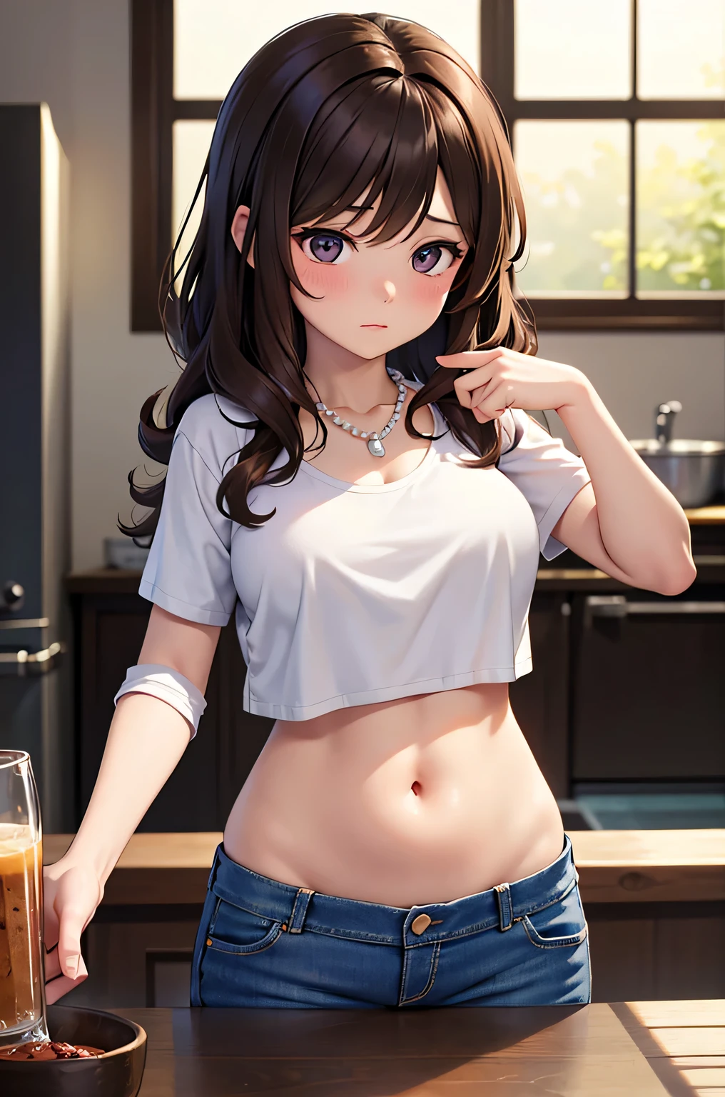 super fine illustration, vibrant colors, masterpiece, sharp focus, best quality, depth of field, cinematic lighting, ultra detailed, jacket, t shirt, MILF, 1 woman, solo, tummy, navel, kitchen, looking down, medium breasts, curly hair, long hair, denim, pearl necklace, dark brown hair, blushing,
