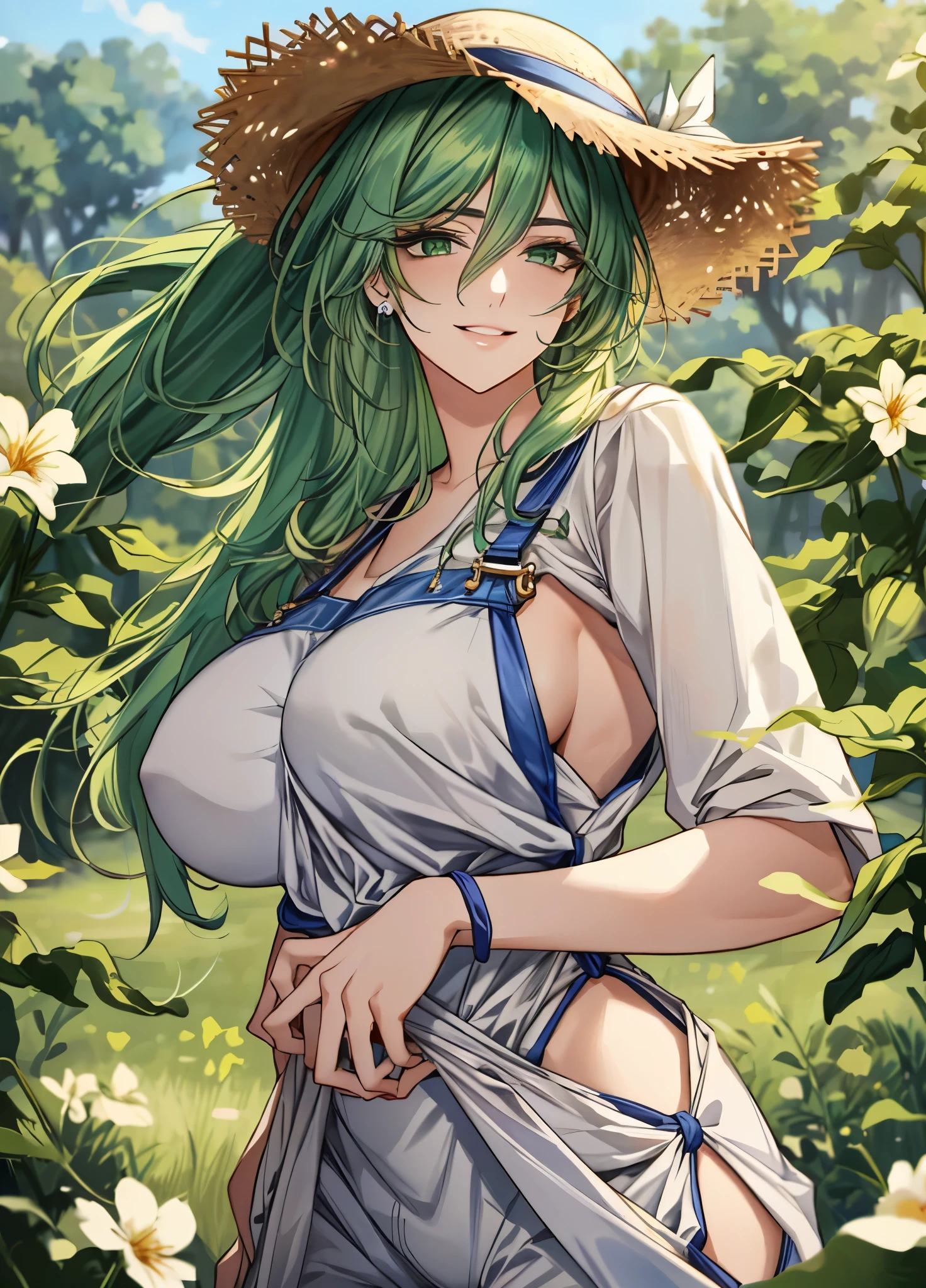 (masterpiece: 1.2), (best quality: 1.2) 1woman, mature, tall 190cm, about 28 years old, green hair, straight hair, long hair, hair tied in a ponytail, light green eyes, Korean bangs, long eyelashes, anime style, perfect face, extremely feminine face, detailed face, ultra realistic face, full lips, smile, happy smile, mature, big (huge) breasts, perky bust, fair skin, natural body, sexy body , wearing a farmer's overalls, farm style, straw hat on his head, hands on his waist, perfect hands with good anatomy, detailed hands, ultra realistic hands, wide hips, big ass, looking at the viewer, farm environment setting, in the background a large tomato farm, sun on her body, standing with no one but her.