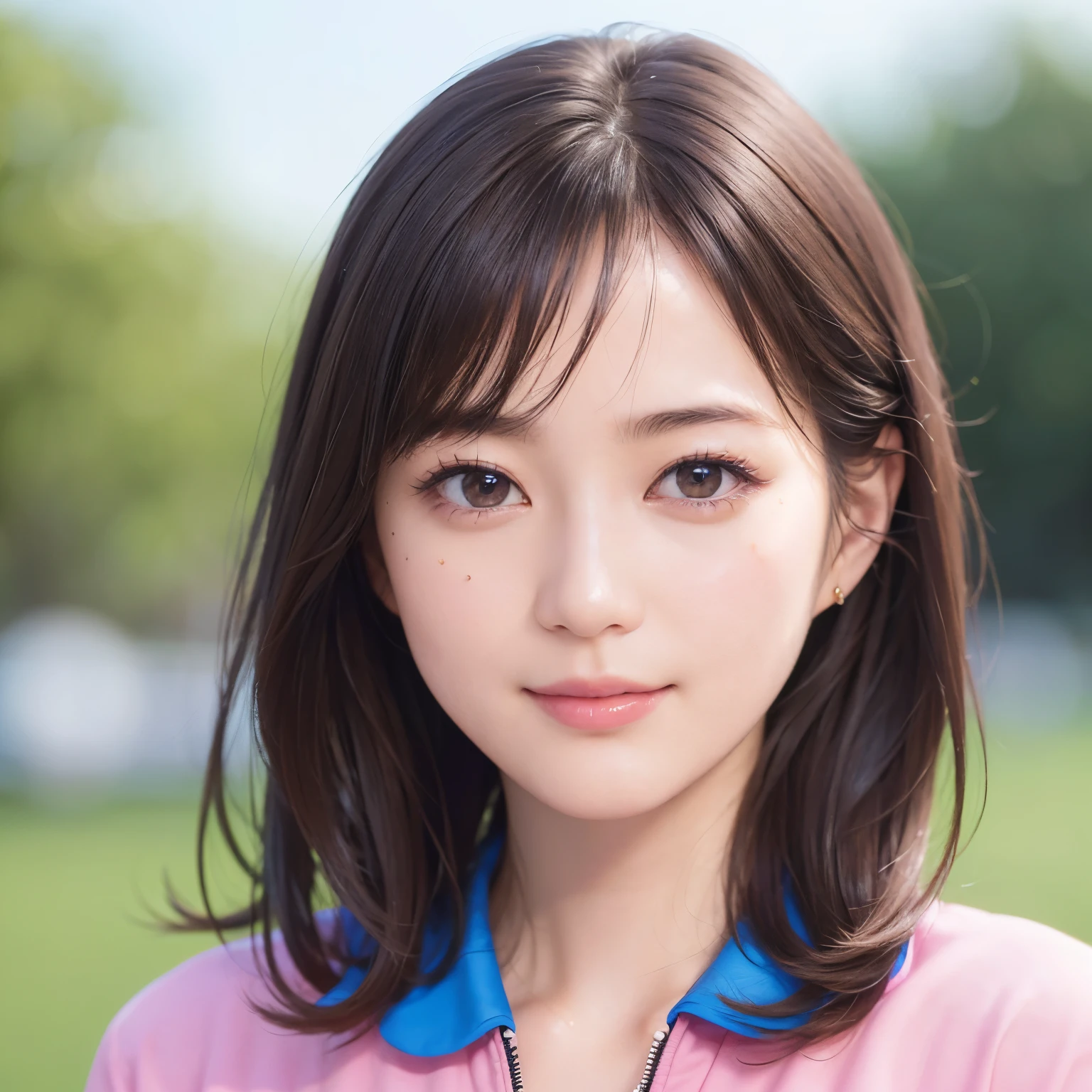 (highest quality、table top、8K、best image quality、Award-winning work)、one beautiful woman、Shining beautiful skin、(most stylish tracksuit:1.2)、(Unzip your jersey and show your cleavage:1.3)、(The most natural and perfect tracksuit:1.4)、Shining ultra-high definition skin、(accurate anatomy:1.3)、A gentle smile looking at me、(seduce me:1.1)、(photo from the chest up:1.05)、(close up of face:1.35)、stand gracefully、(Blurry park background:1.2)、portrait photography、(draw softly and smoothly:1.1)、(very bright and vivid:1.1)、very romantic、光を受けてShining beautiful skin、(very bright and refreshing:1.2)、(the most detailed and perfect face:1.1)、(most detailed glowing eyes:1.1)、(beautiful and moisturized skin:1.1)、(1 person:1.1)、(alone:1.1)、(very short hair:1.2)、Beautiful skin with ultra-high definition gloss and moisture、Super high-definition sparkling eyes、ultra high definition hair、ultra high resolution glossy lips、Super high resolution perfect beautiful teeth