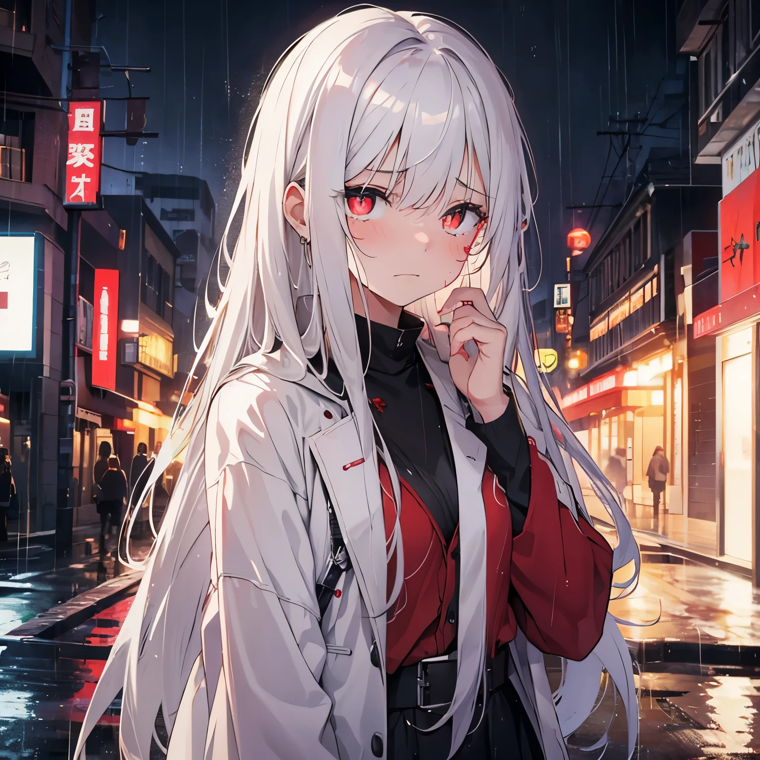 16 year old girl,long white hair,red pupils,cry,tears,night,heavy rain