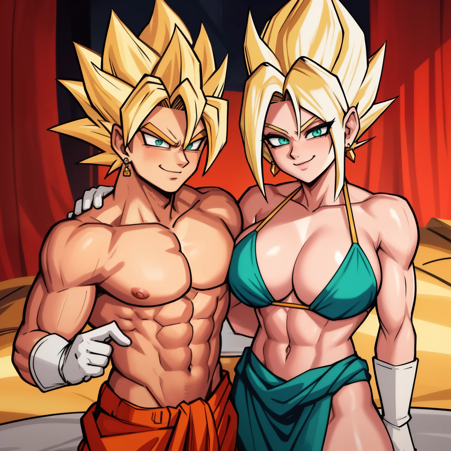 RAW photo, (high detailed skin, detailed eyes:1.1), intricate details, best quality, 8k uhd, soft lighting, Vegetto, breasts, (female:1.2), 1girl, earrings, jewelry, white gloves, spiked hair, dougi, smile, blonde hair, green eyes, super saiyan, bikini, goku, (male:1.2), 1boy, muscular male, naked, insert boy holding girls waist looking at her