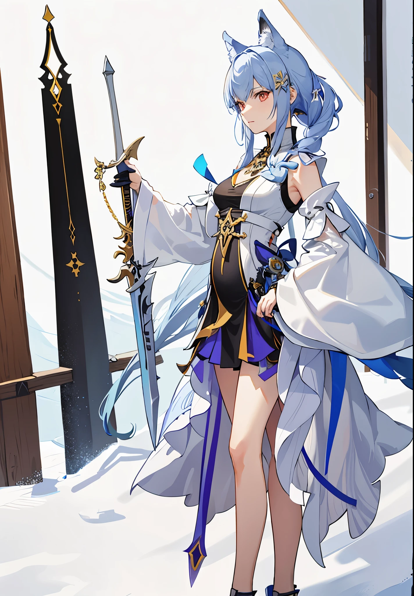 a woman in a dress holding a dagger and a dagger, video game character, from arknights, fox nobushi holding a dagger, hajime yatate, keqing from genshin impact, random haired deity, with small sword, ayaka genshin impact, female action anime girl, official character art, anime character, pregnant anime girl, fetus, random hair color