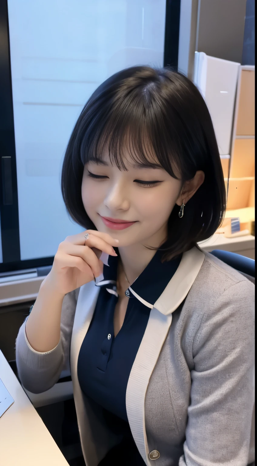 ulzzang-6500-v1.1,(8K, Best Quality, Masterpiece: 1.2), (Realistic, Photorealistic: 1.37), Super Detailed, 1 Girl, Cute, Solo, Beautiful Detailed Sky, Detailed Office, Night, Sitting, (Blushing Nasal), (Smile: 1.15), (Mouth Closed), Medium Breasts, Beautiful Detailed Eyes, (Shirt with Collar: 1.1), Night, Business Clothes, (Short Hair: 1.2), pureerosface_v1, computer, detail finger, beautiful detail face,