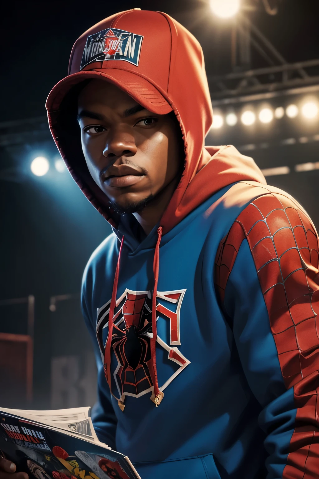 (best quality,highres:1.2,realistic:1.37),portraits,illustration,chance the rapper,spider man,no mask,detailed eyes,detailed lips,hoodie,comic book style,urban backdrop,vibrant colors,sharp focus,stage lighting,confident pose,action shot