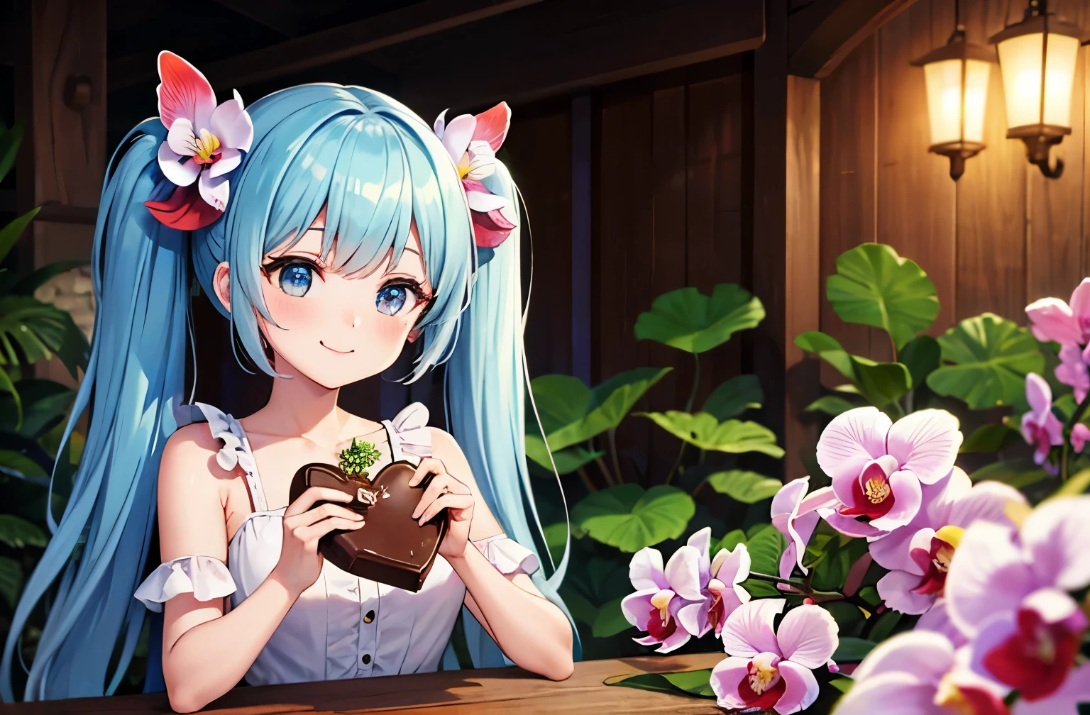 light blue long hair、Beautiful girl with twin tails、A lot of orchids、Making Valentine&#39;s chocolate at the orchid garden、A lot of orchidsの花、cute squirrel、adorable smile、hyper hd，masterpiece，advanced details，high quality，最high quality，High resolution，1080P，4K，8K，16k，masterpiece