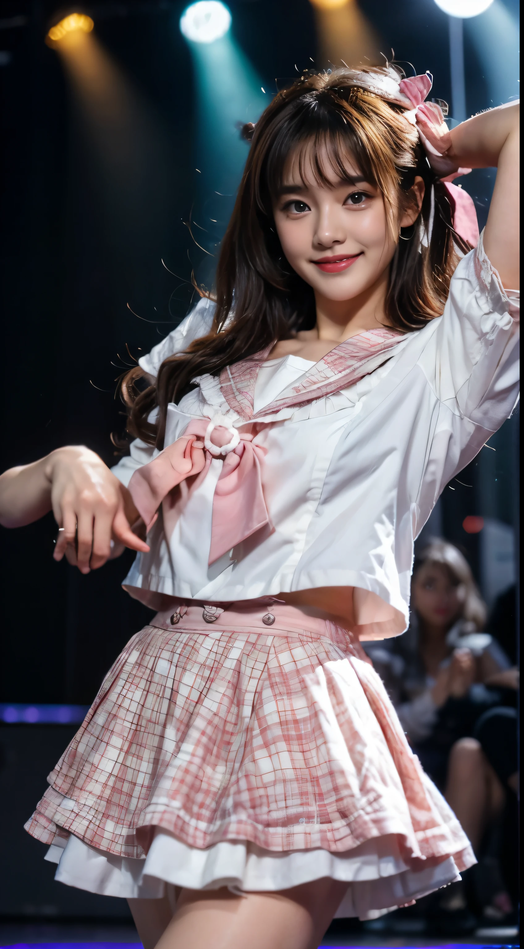 (highest quality,4K,High resolution),Top idol beautiful girl、A peerless beautiful girl、historical beautiful girl、fine texture、Moisturizing the skin、perfect style、erotic body、sailor suit、下着が透けて見えるsailor suitの衣装を着て、(dance violently:1.3)、On stage with a luxurious set、in front of a packed audience、look at the audience、18-year-old、smile