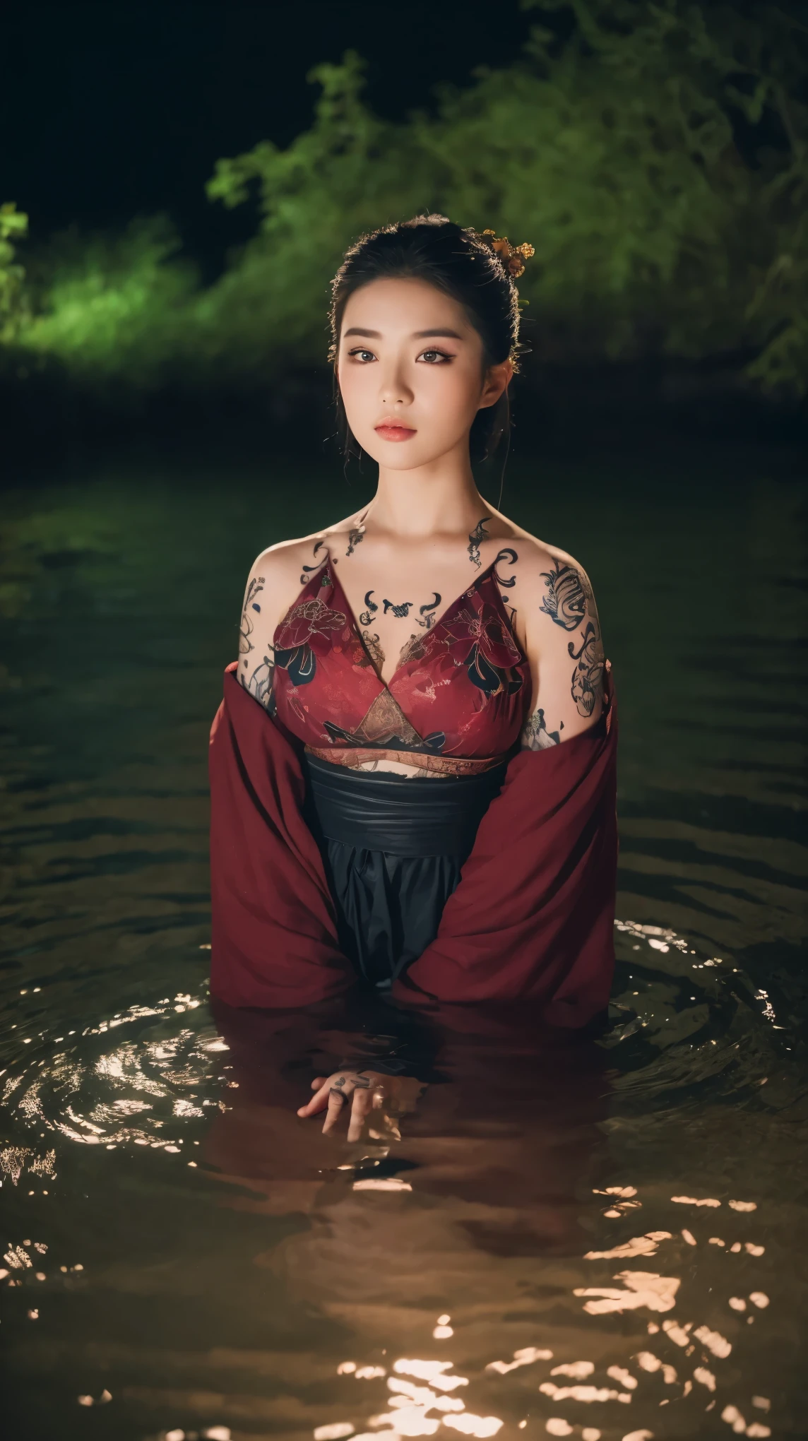 ((Best quality, 8k, Masterpiece :1.3)), Beautiful geisha in kimono.bare shoulders, ((Full Body)),Laying down on a small boat. At the waterfall lake. Night view. Moon decorated. #top-angle shot With dark light_snapshot, photo, high resolution, 4k, 8k, bokeh background)) mix4, 20d_Tattoo face texture. Tattoo Hand. Chest tattoo. Tattoo shoulder.