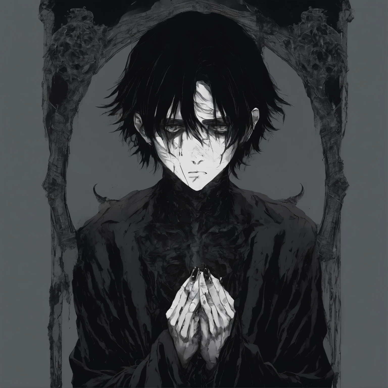 Anime boy with short black hair, black eyes full of tears, crying, wearing normal clothes, standing and holding a black stone in both hands, scary black background
