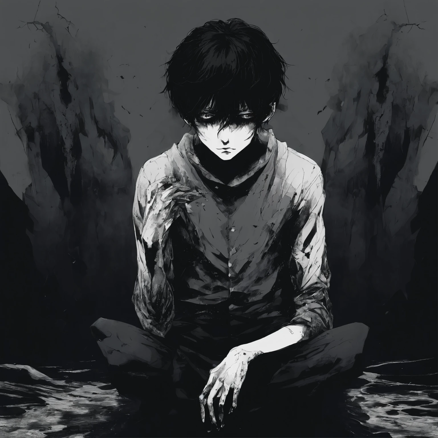 zombie sitting eating a dead person inside a room of an abandoned house. manga, anime or comic style. full hd, detailed image without errors, black and white