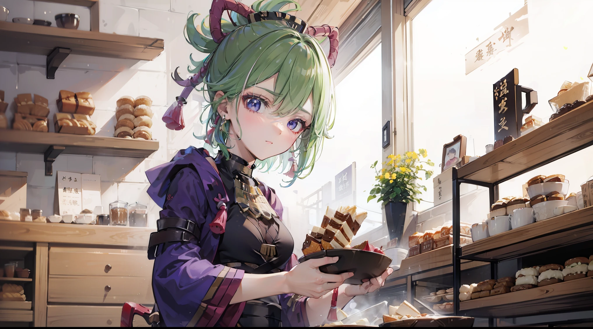 Kuki Shinobu|Genshin Impact, (best quality,8ก,Masterpiece), Girl with black hair and blue eyes, Wear a bakery uniform, Work in a traditional Japanese bakery to prepare traditional desserts., sparkling eyes, happiness.