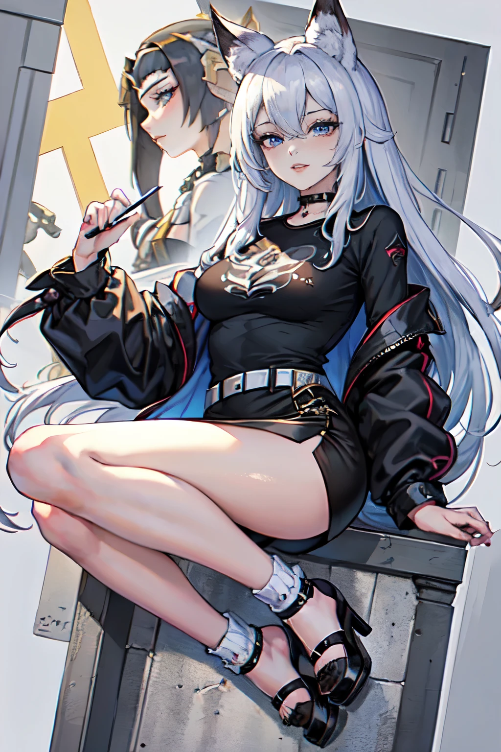 (masterpiece:1.2), (Military uniform magazine cover:1.4),best quality,PIXIV,Sweet girl , sexy posture,1girl, (perky chest:1.2), rolling upskirt by wind:1.6, (with sparkling eyes and a contagious smile),open mouth, (pointed chest:1.2),fishnets, black hair, boots, long hair, black nails, skirt, shirt, black footwear, bag, black skirt, jewelry, jacket, thigh strap, bangs, necktie, earrings, nail polish, multicolored hair, looking at viewer, full body, bottle, own hands together, belt, jacket on shoulders, food, cats on head, ring, choker, english text, collared shirt, blue eyes, hat, lace-up boots ,masterpiece、highest quality、Very detailed、An illustration、Beautiful fine details、One Girl、cute、Detailed landscape、Training Room Background:1.4、Platinum Blonde Hair、Braided Ponytail、Red camisole、((c cup breasts, Tank top showing underboob:1.4))