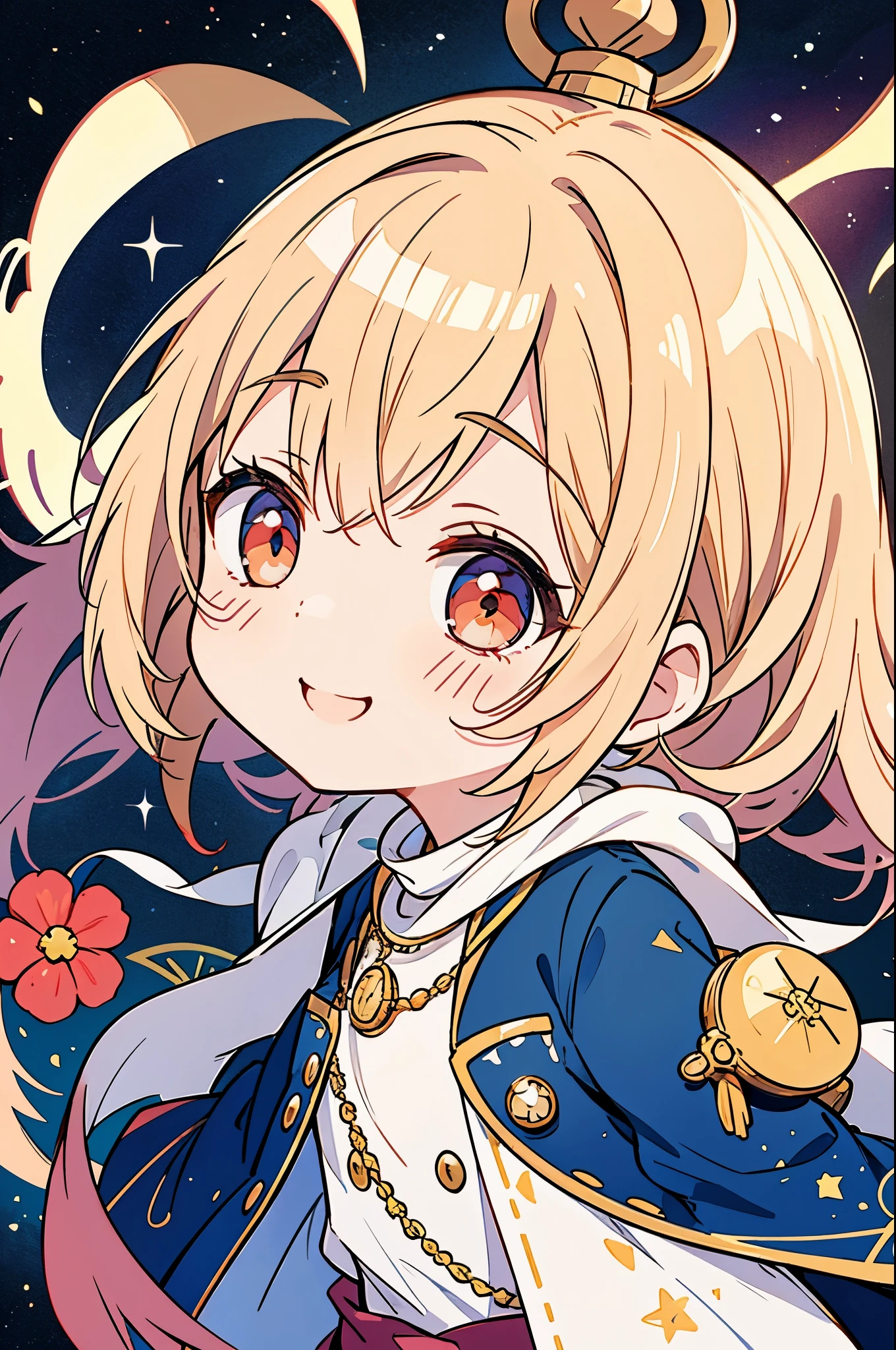 Chibi girl teaches cosmology、Galaxy painting on background、wearing a pocket watch necklace、smile、cheeks are red