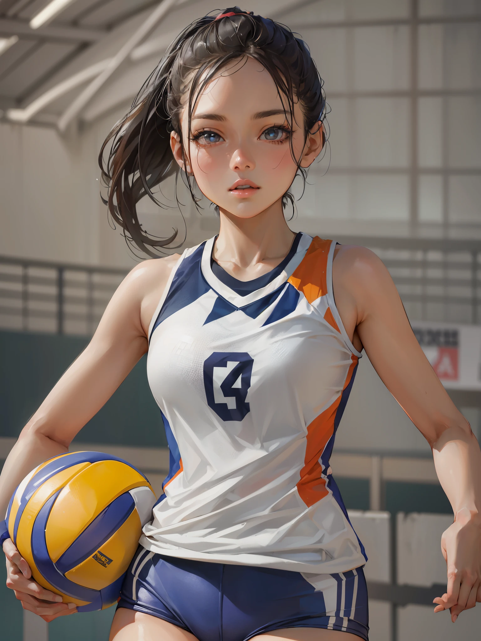 high quality,HD,16k,sharp lines,1 girl,Female volleyball athlete ,cute face, medium breasts, nice legs,At the volleyball venue,focus girl,detailed beautiful face,detailed clothes,beautiful eyes,cool,dynamic angle