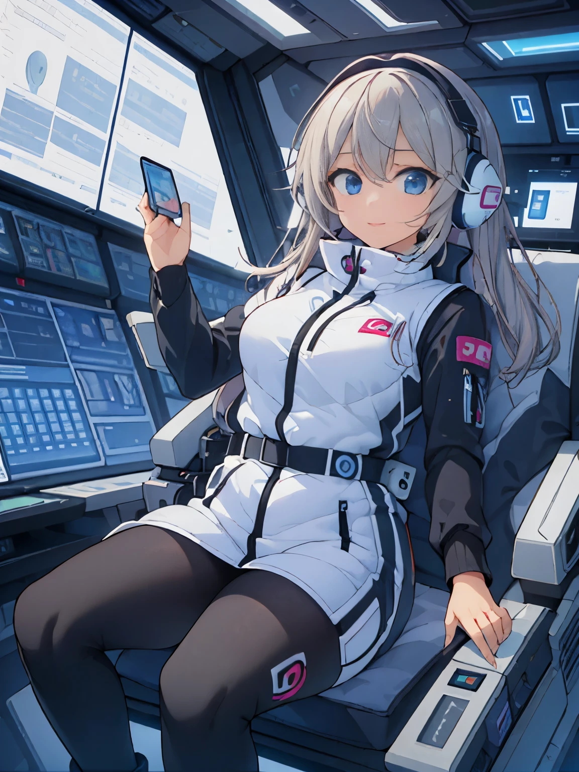 masterpiece, highest quality, High resolution, 2 girls, beautiful girls, (waist shot):2, (floating girl):8, (zero gravity):8, (Big jump):5, (flying):7, flight, fun, smile, shout, (fall):8, dynamic angle, BREAK white downvest, headphone, headset, (white snow boots), Wind, Wind, Wind, BREAK, black belt, black stocking, black tights, black long sleeve BREAK inside futuristic space station, Scifi space ship control room BREAK Astrovest,astrovest,