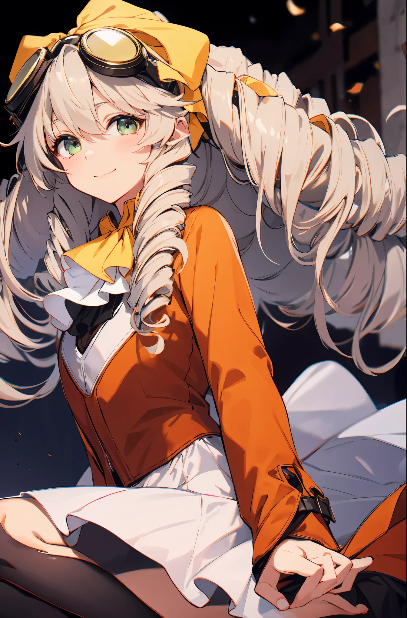 空,**,子供体型,小柄,10 years old,((flat chest)),skinny,slender,一人で,cowboy shot,maria balthasar, white skirt,seductive smile,orange shirt,twin drills,goggles on forehead,yellow hair ribbon,((jabot)),top-quality,Top image quality,perfect anatomy,masterpiece,ultra-detailliert,Beautiful、ultra-quality, best quality,high resolution, ultra-detailed,dutch angle ,beautiful detailed eyes, visualart,five fingers, perfect hands,美少女,
BREAK