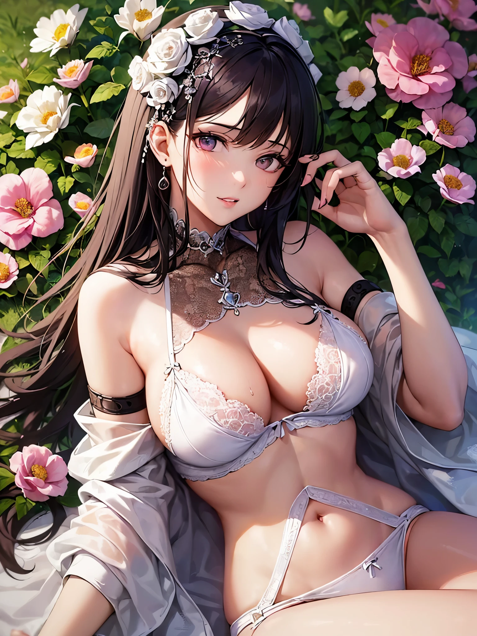 ((highest quality)),(ultra high resolution),(Super detailed),(detailed description),((best CG)),(best work of art),super precision art,great drawing art,(Art with precise details:1.5), (1 woman:1.8),(beautiful and well-shaped face:1.5),Eyes that hide sadness:1.5,clear makeup:1.6,(Detailed and detailed depiction々flower:1.6),(beautiful:1.6),(Exquisitely detailed lingerie:1.4),(Provocative sexy poses:1.7)