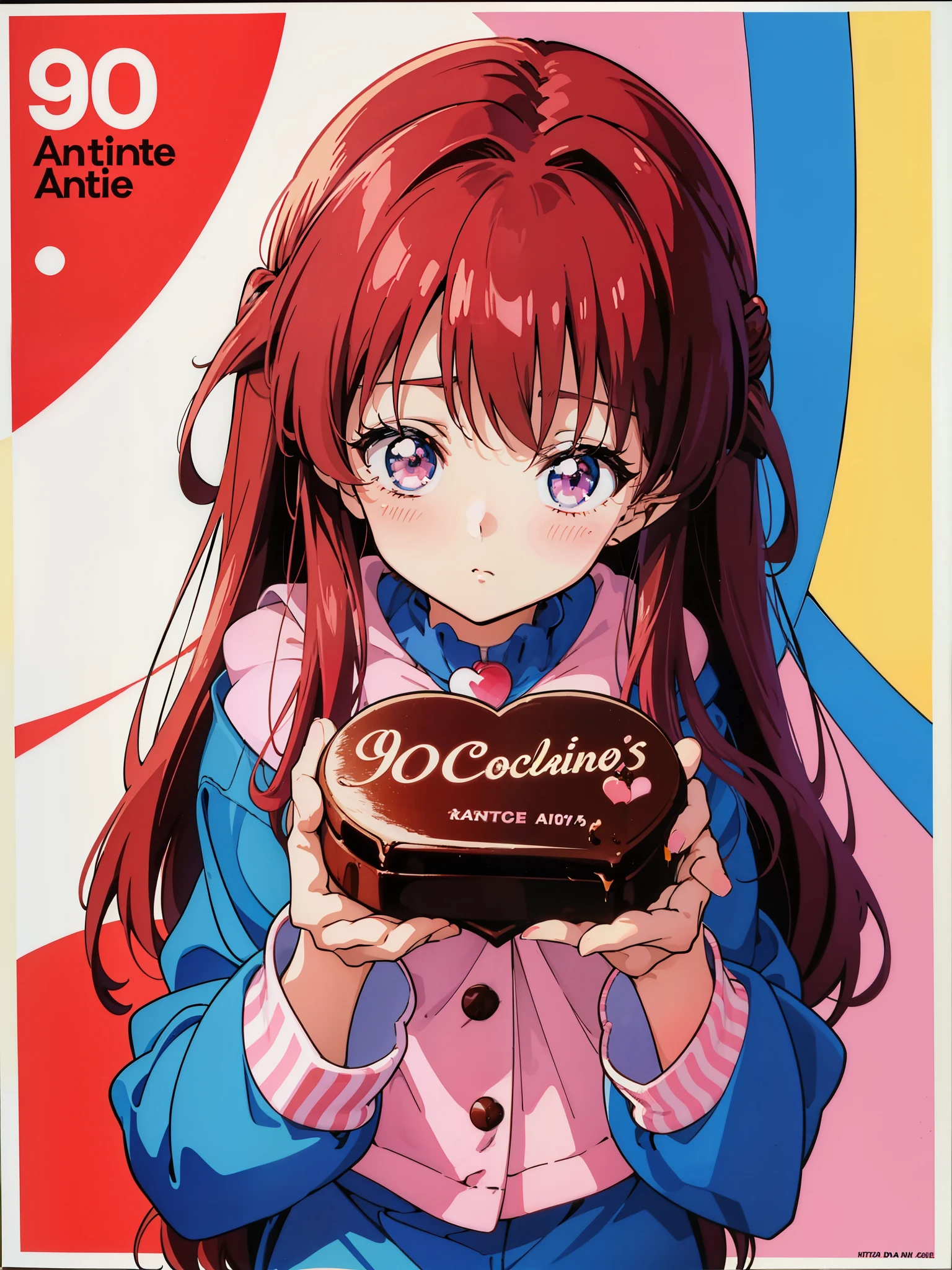 valentine's day、((have chocolate))、a little shy、(My cheeks are red.)、give chocolate,( 90'anime art style), 80'anime art style, In the art style of 80's anime, 90s anime aesthetic, retro anime images, 90s anime style, 90s anime style, 80's anime style, 1980's anime style、poster of、1 person、very cute