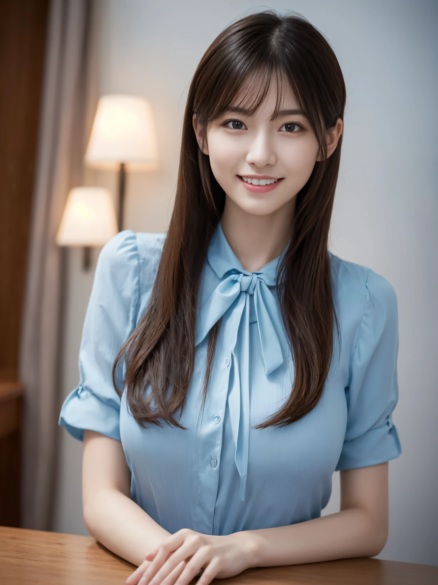 1 girl, (Wearing a light blue blouse:1.2), (RAW photo, highest quality), (realistic, Photoreal:1.4), table top, very delicate and beautiful, very detailed, 2k wallpaper, wonderful, finely, very detailed CG Unity 8K 壁紙, super detailed, High resolution, soft light, beautiful detailed girl, big breasts、very detailed目と顔, beautifully detailed nose, beautiful and fine eyes, cinematic lighting, city light at night, perfect anatomy, slender body, smile