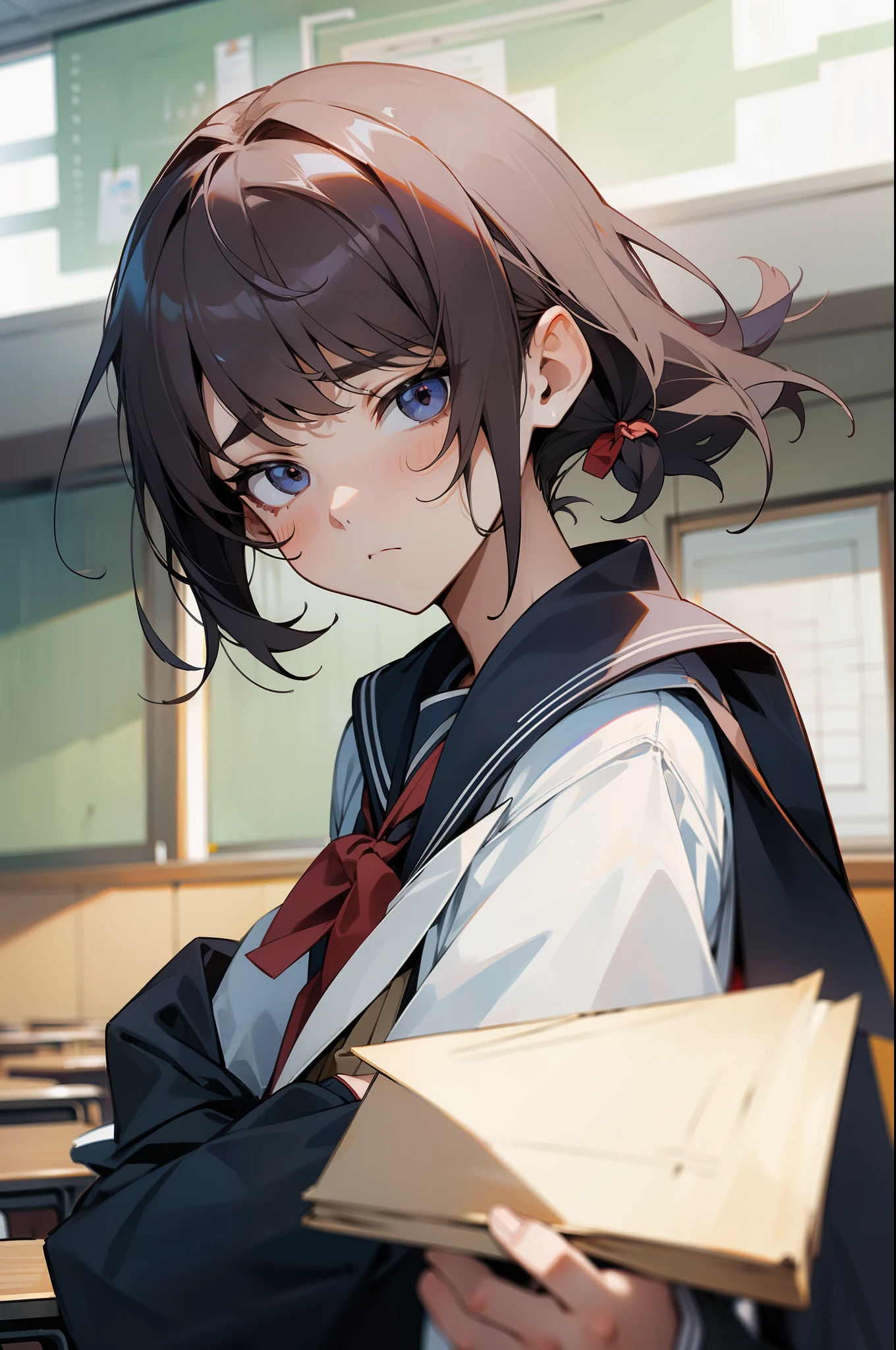 high school boy、school uniform、Troubled face、classroom、Drooping eyes