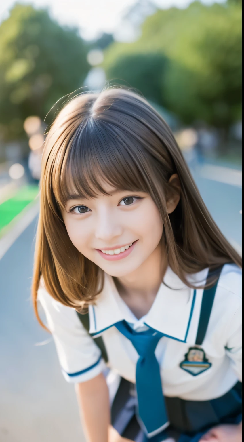 ulzzang-6500-v1.1,(8K, Best Quality, Masterpiece: 1.2), (Realistic, Photorealistic: 1.37)(​masterpiece:1.3), (8K, Photorealsitic, Raw photography, Top image quality: 1.4), Japan high school girls、20yo, Super Detail Face、Eye of Detail、Bring your chest together, (prety woman:1.4)、light brown hair、Being in the classroom、Japan High School Student Uniform、Button shirt with collar、Ribbon Ties、Short checked pleated skirt、Ribbon tie、Great under the shirt、Highly detailed and professional lighting smile、slender、Fatal position,chalk board、Blue sky outside the window、sit a chair、above knee