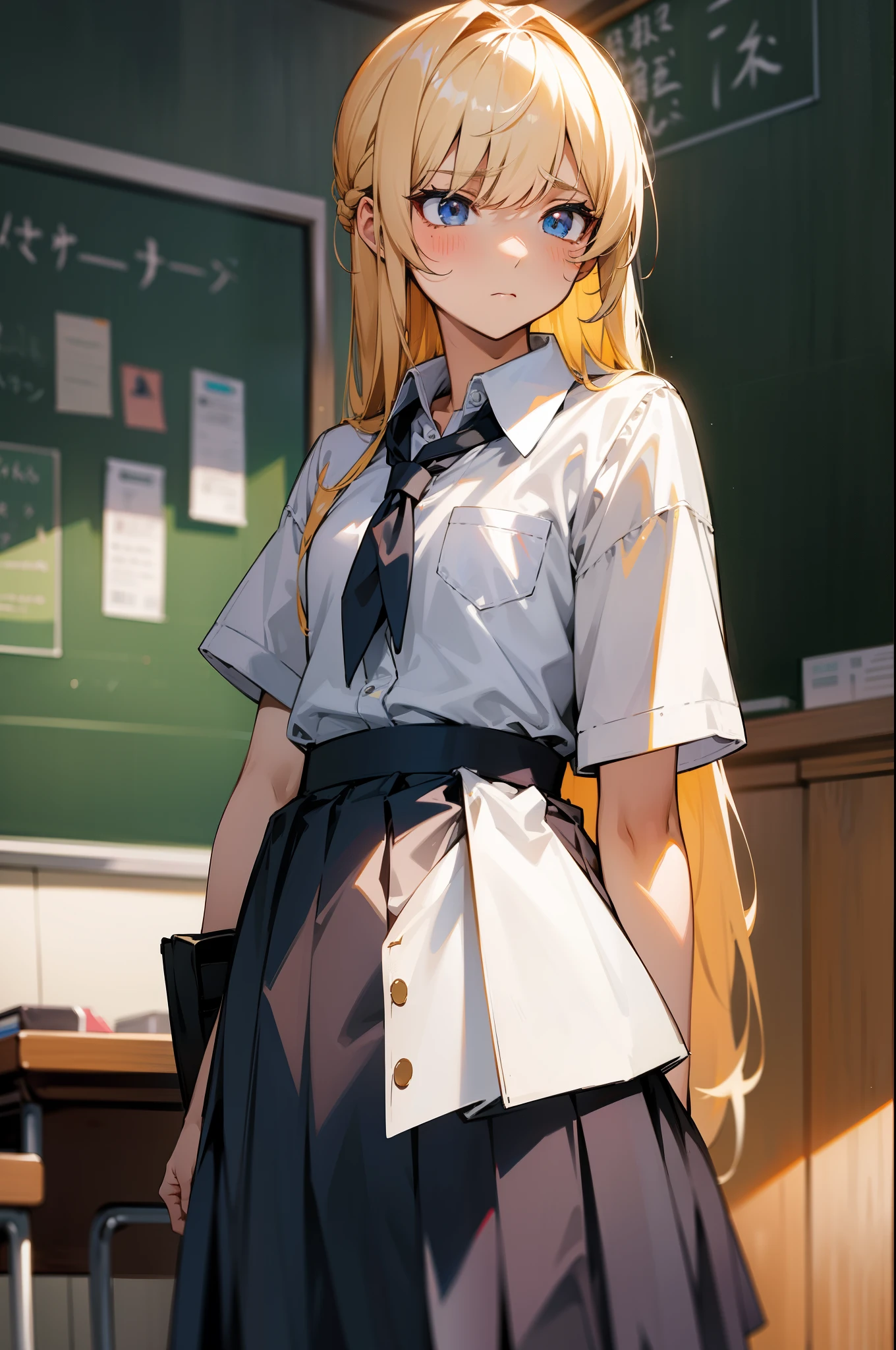 high school boy、school uniform、Troubled face、classroom、Drooping eyes