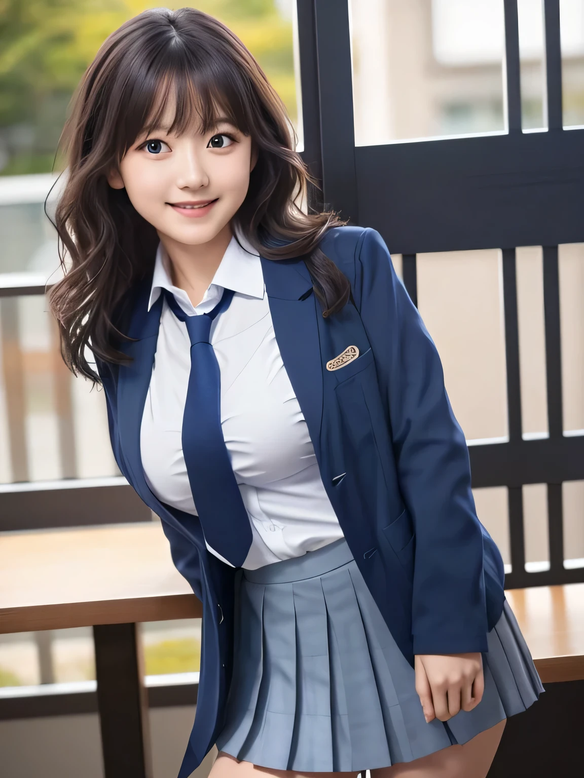 8K, highest quality, real image, intricate details, Super detailed, ultra high resolution, depth field,(realistic,realistic:1.2), (black eye), From the middle, 1 Japanese woman, very beautiful 17 year old girl, Big eyes, beautiful breasts:1.5、highly detailed eyes:1.2), (beautiful breasts:1.1), (small breasts:1.5), wavy hair、curly hair、bangs, perfect skin, Fair skin, huge hips, thick thighs, thick legs, cleavage, tight waist, light blush, alone, looking at the viewer, (smile:1.4), ((School_uniform),(dark blue blazer), (white shirt、Wearing a tie), (gray pleated skirt), (sculpture installation :1.1)