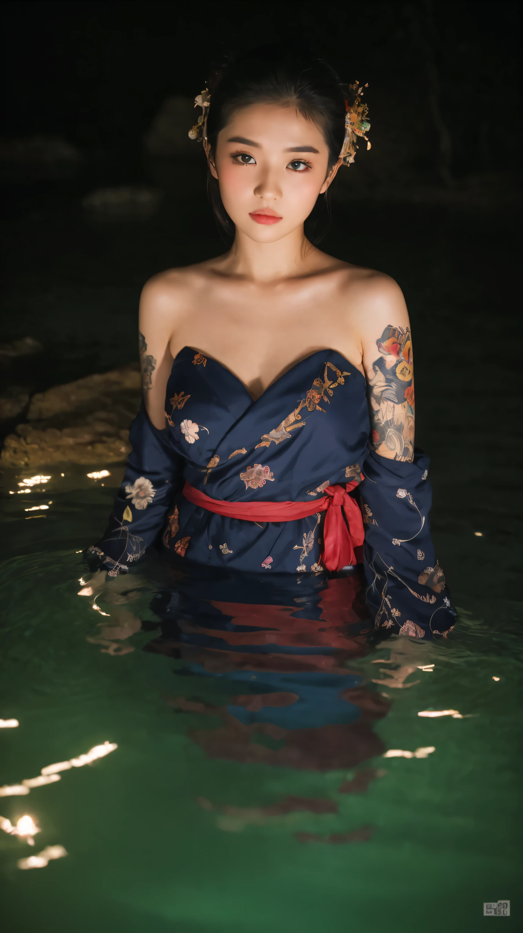 ((Best quality, 8k, Masterpiece :1.3)), Beautiful geisha in kimono.bare shoulders, ((Full Body)),Laying down on a small boat. At the waterfall lake. Night view. Moon decorated. #top-angle shot With dark light_snapshot, photo, high resolution, 4k, 8k, bokeh background)) mix4, 20d_Tattoo face texture. Tattoo Hand. Chest tattoo. Tattoo shoulder.