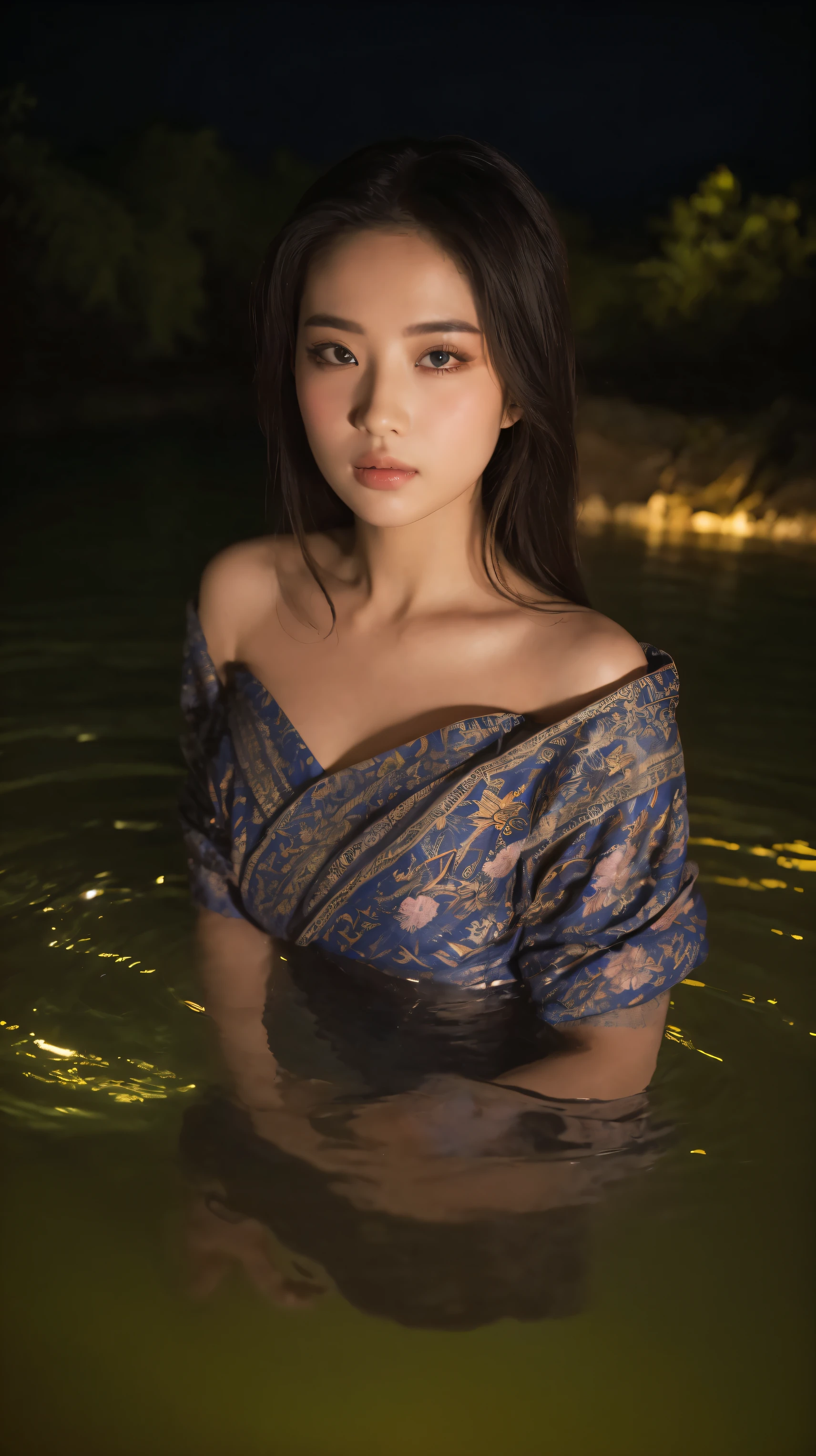 ((Best quality, 8k, Masterpiece :1.3)), Beautiful geisha in kimono.bare shoulders, ((Full Body)),Laying down on a small boat.  At the waterfall lake. Night view. Moon decorated. #top-angle shot With dark light_snapshot, photo, high resolution, 4k, 8k, bokeh background)) mix4, 20d_Tattoo face texture. Tattoo Hand. Chest tattoo. Tattoo shoulder.