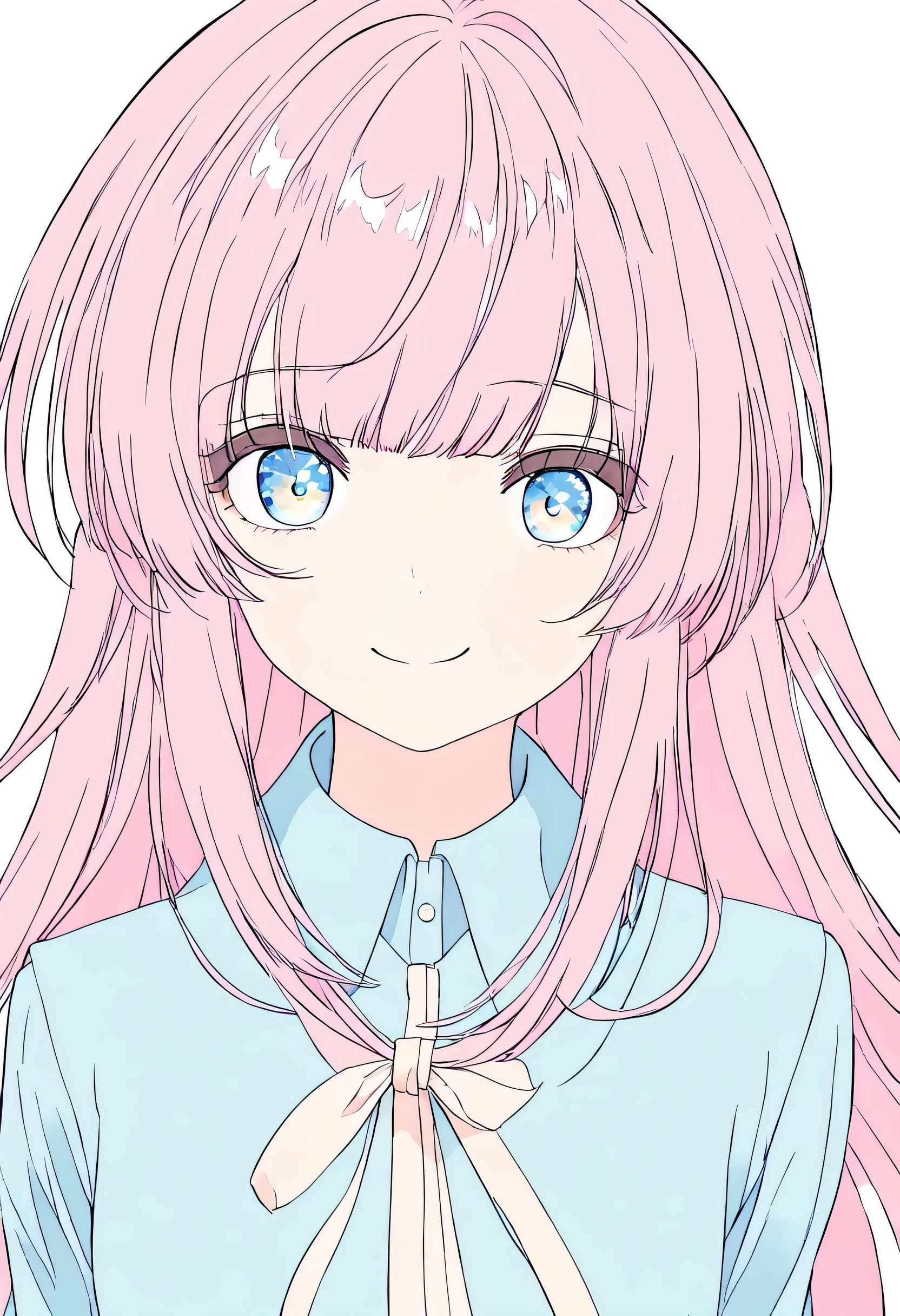 masterpiece,best quality,1girl, solo, upper_body, smile, blue pastel_eyes, ahoge, bangs, long_hair, pink pastel hair, eyebrows_visible_through_hair, wing_collar, blue_shirt, looking_at_viewer, simple_background, white_background