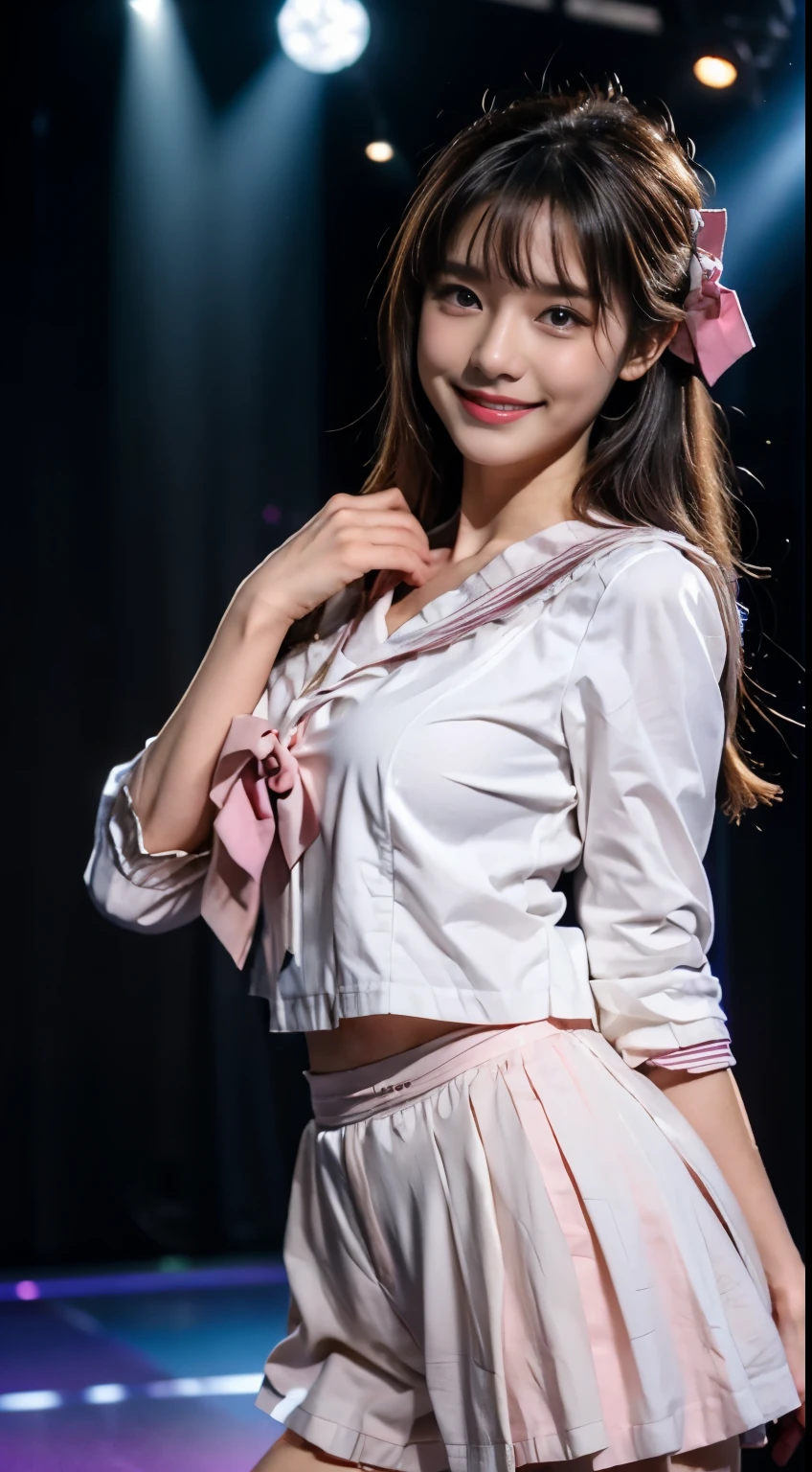 (highest quality,4K,High resolution),Top idol beautiful girl、A peerless beautiful girl、historical beautiful girl、fine texture、Moisturizing the skin、perfect style、erotic body、sailor suit、下着が透けて見えるsailor suitの衣装を着て、(dance violently:1.3)、On stage with a luxurious set、in front of a packed audience、look at the audience、18-year-old、Smile