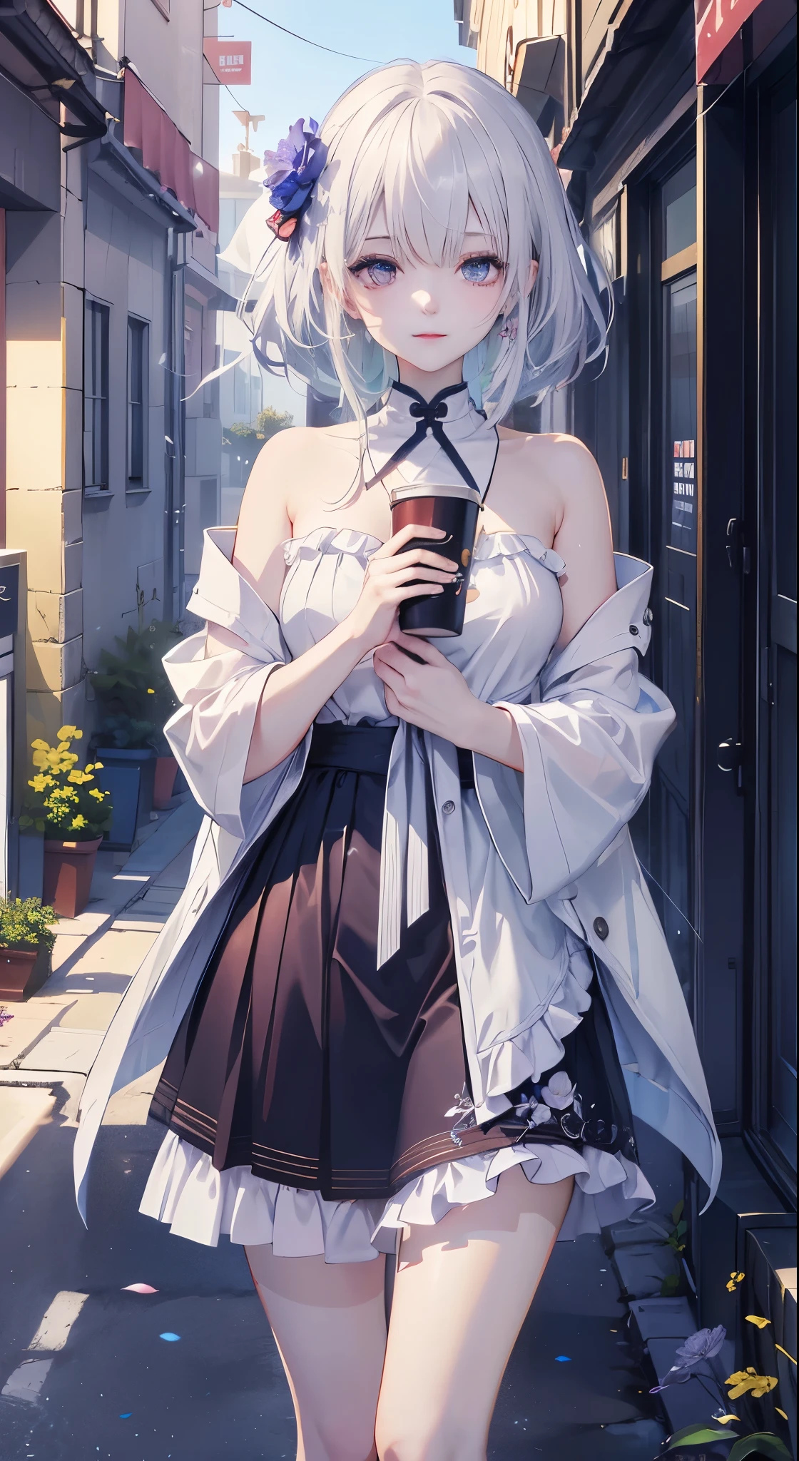 masterpiece, best quality, 1 girl, (rich and colorful),(Delicate and beautiful eyes and delicate face),cinematic Lighting,Half-length photo,Extremely detailed CG unified 8k wallpaper,white hair,alone,Smile,intricate skirt,((flying petals)),(meadow with flowers) Sky, cloudy_Sky, architecture, moonLight, moon, night, (dark theme:1.3), Light, fantasy,