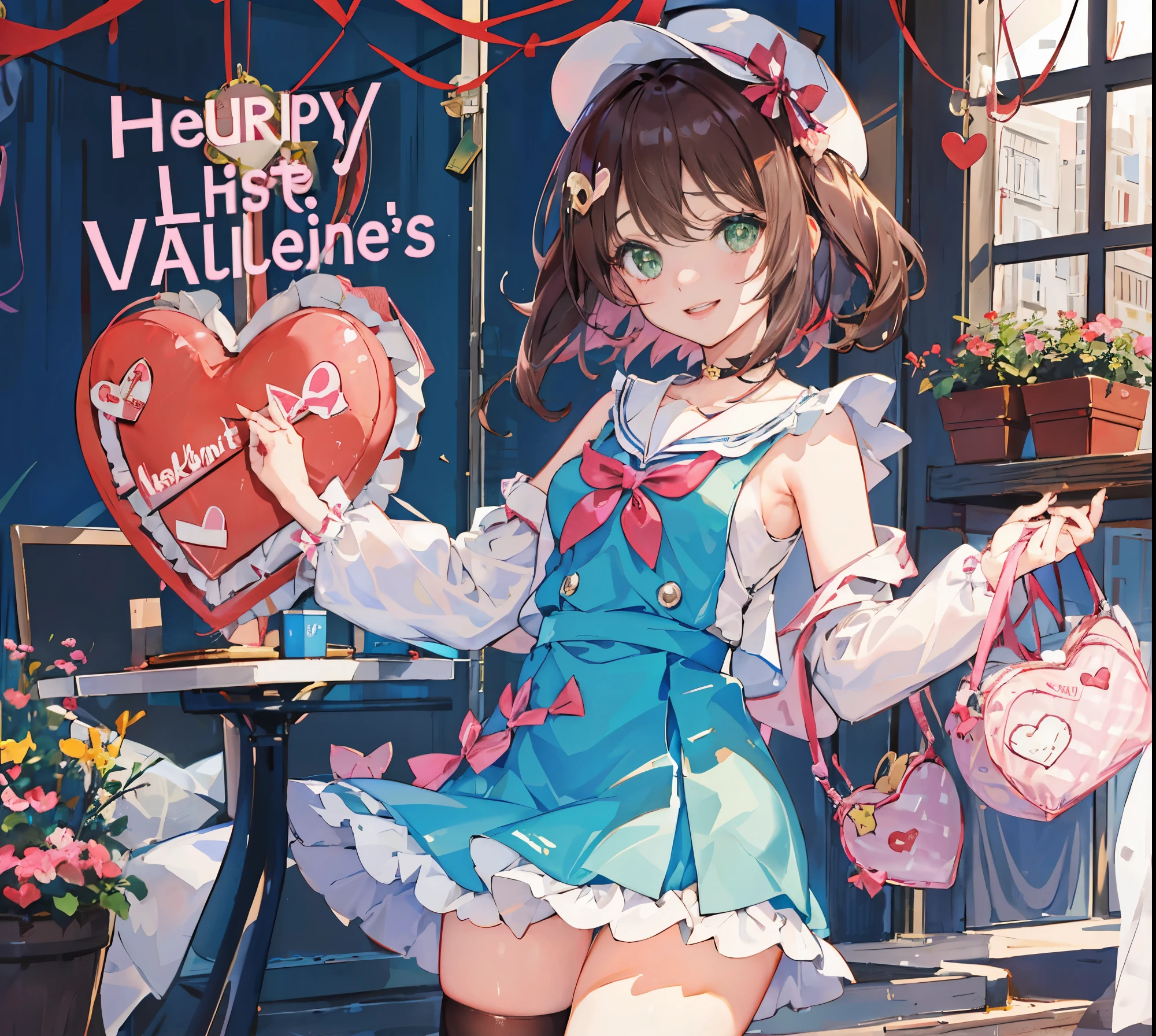 (highest quality, ),cute ergartener,small breasts, Valentine&#39;s Day special cover,Jacket photo,the girl who captures my heart,valentine themed background, girl with heart-shaped chocolate,Clothes with heart pattern, 18+, NSFW,girl covered in chocolate, 16 ynderful, cute, smile, audience, article, shape, advertisement, magazine title, Lily \(Pokemon\),バレンタインデーのCMのadvertisement, Are standing, cowboy shot, looking at the viewer, green eyes, smile, V arm,