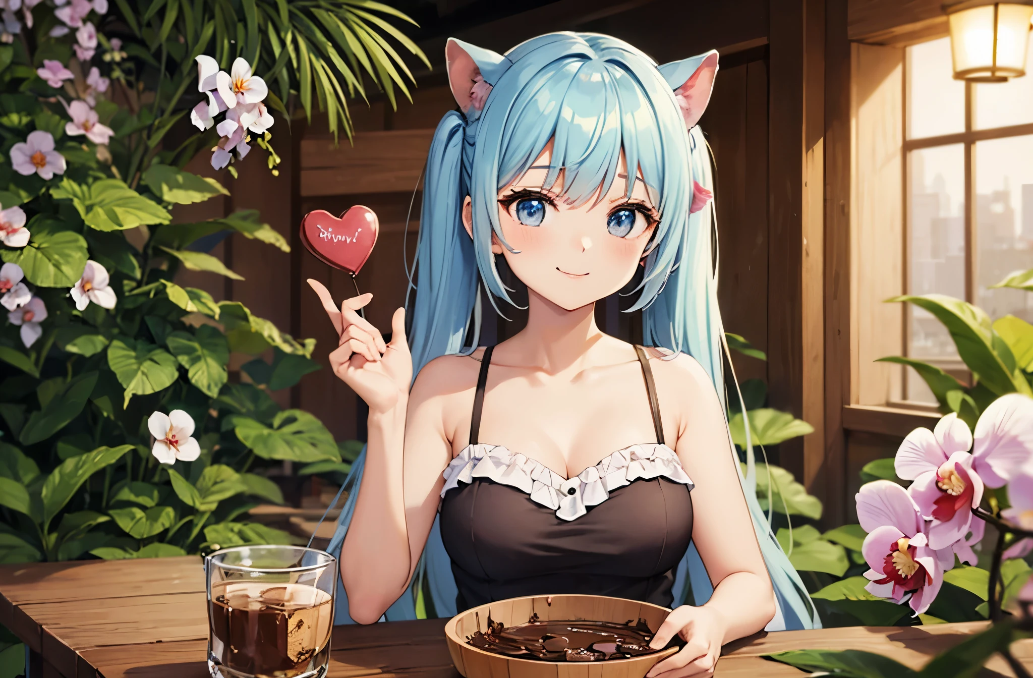 light blue long hair、Beautiful girl with twin tails、A lot of orchids、Making Valentine&#39;s chocolate at the orchid garden、A lot of orchidsの花、cute squirrel、adorable smile、hyper hd，masterpiece，advanced details，high quality，最high quality，High resolution，1080P，4K，8K，16k，masterpiece