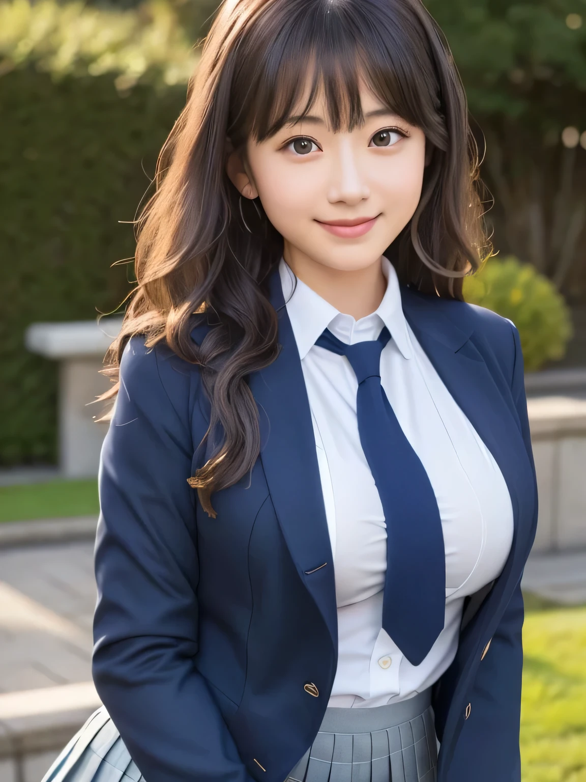 8k, highest quality, real image, intricate details, Super detailed, ultra high resolution, depth field,(realistic,realistic:1.2), (black eye), 1 Japanese female, very beautiful 17 year old girl, Big eyes, beautiful breasts:1.5、highly detailed eyes:1.2), (beautiful breasts:1.1), (small breasts:1.5), wavy hair、curly hair、bangs, perfect skin, Fair skin, huge hips, thick thighs, thick legs, cleavage, tight waist, light blush, alone, looking at the viewer, (smile:1.4), ((School_uniform),(dark blue blazer), (white shirt、wear a tie), (gray pleated skirt), (sculpture installation :1.1)