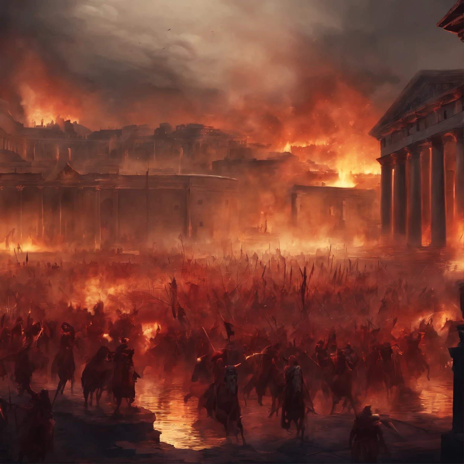 Ancient rome, warriors, waging war with barbarians, blood Al over the place, the city covered in blood, warriors raging and shouting, anger, fire and water in the place, city on fire, masterpiece, ultra HD