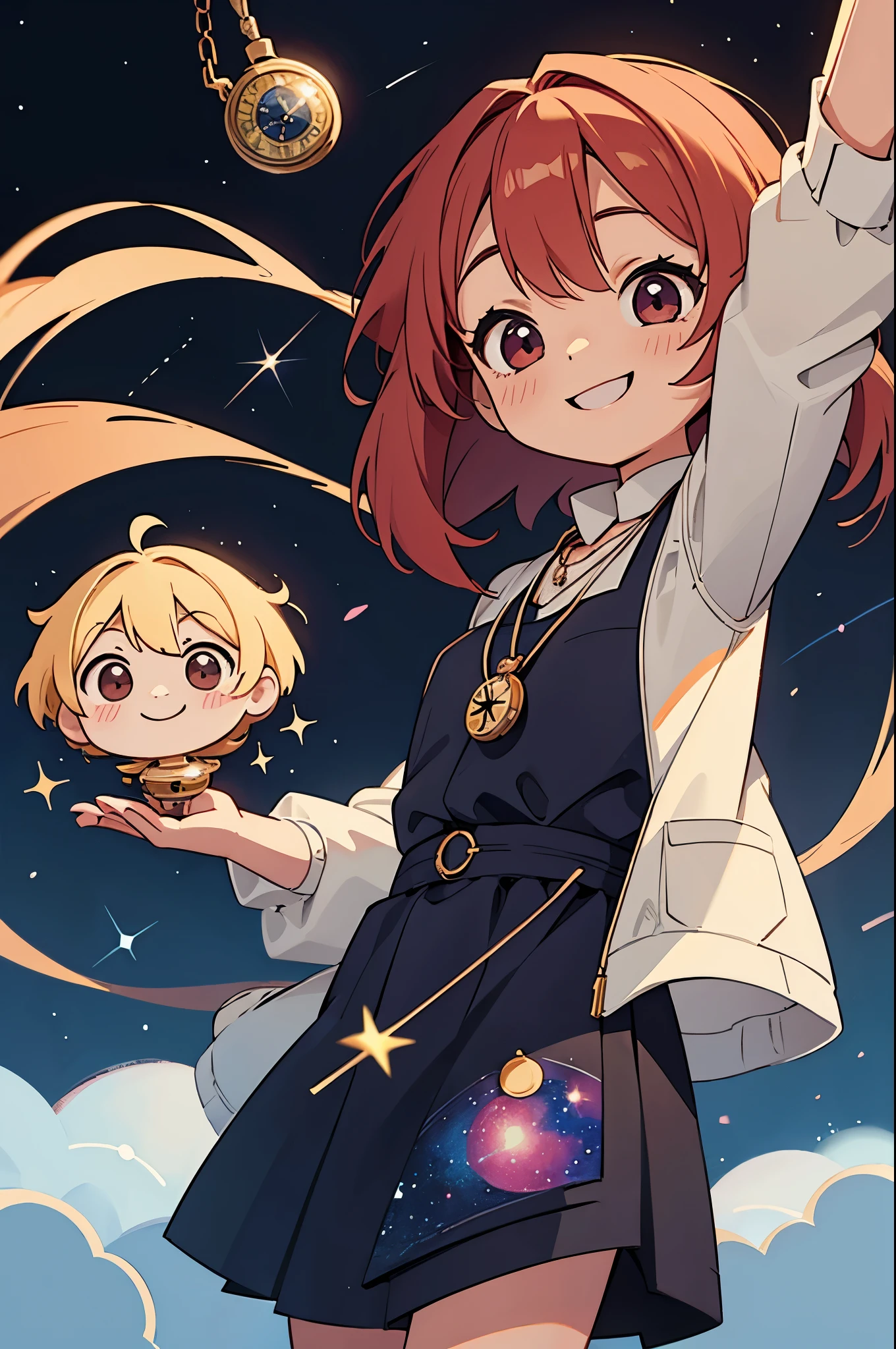 Chibi girl teaches cosmology、Galaxy painting on background、wearing a pocket watch necklace、smile、cheeks are red