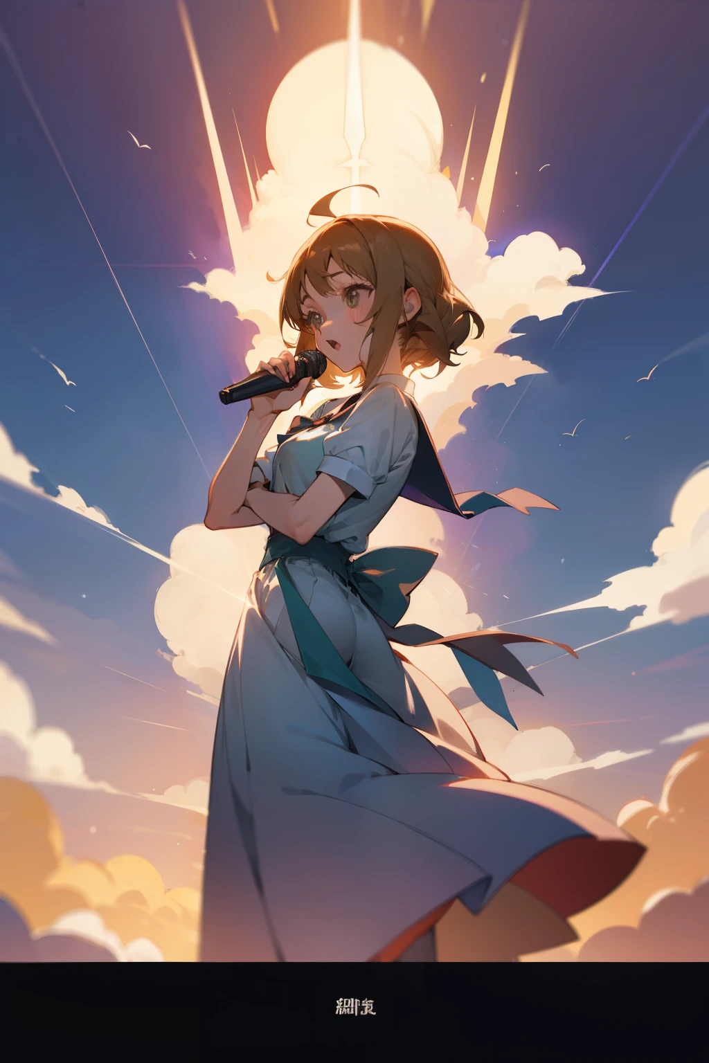 Alafed image of woman singing into microphone, youtube video screenshot, anime opening, Chihiro! Fujisaki, new song, vocal, nagatoro, trending onstudio ghibli, Chiho, still from a music video, singing voice, with headphones, Produced by Sony, Shikamimi, rap into the microphone, your name movie style, halfbeak、have a sword++,