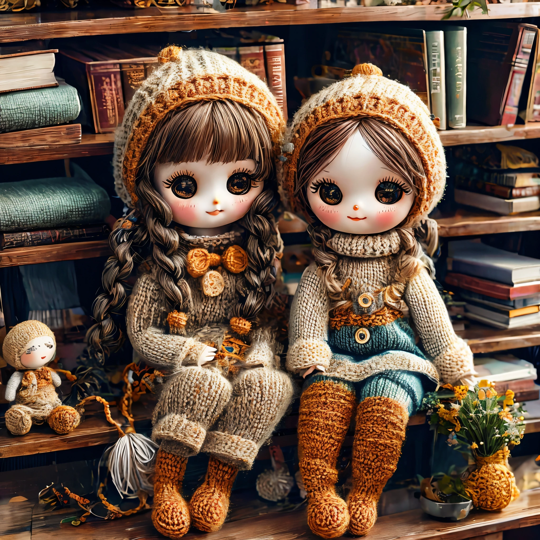 cute knitted doll，in the library，smiley face，Many books，Dreamy elements（（（masterpiece）））， （（best quality））， （（intricate details））（8k）