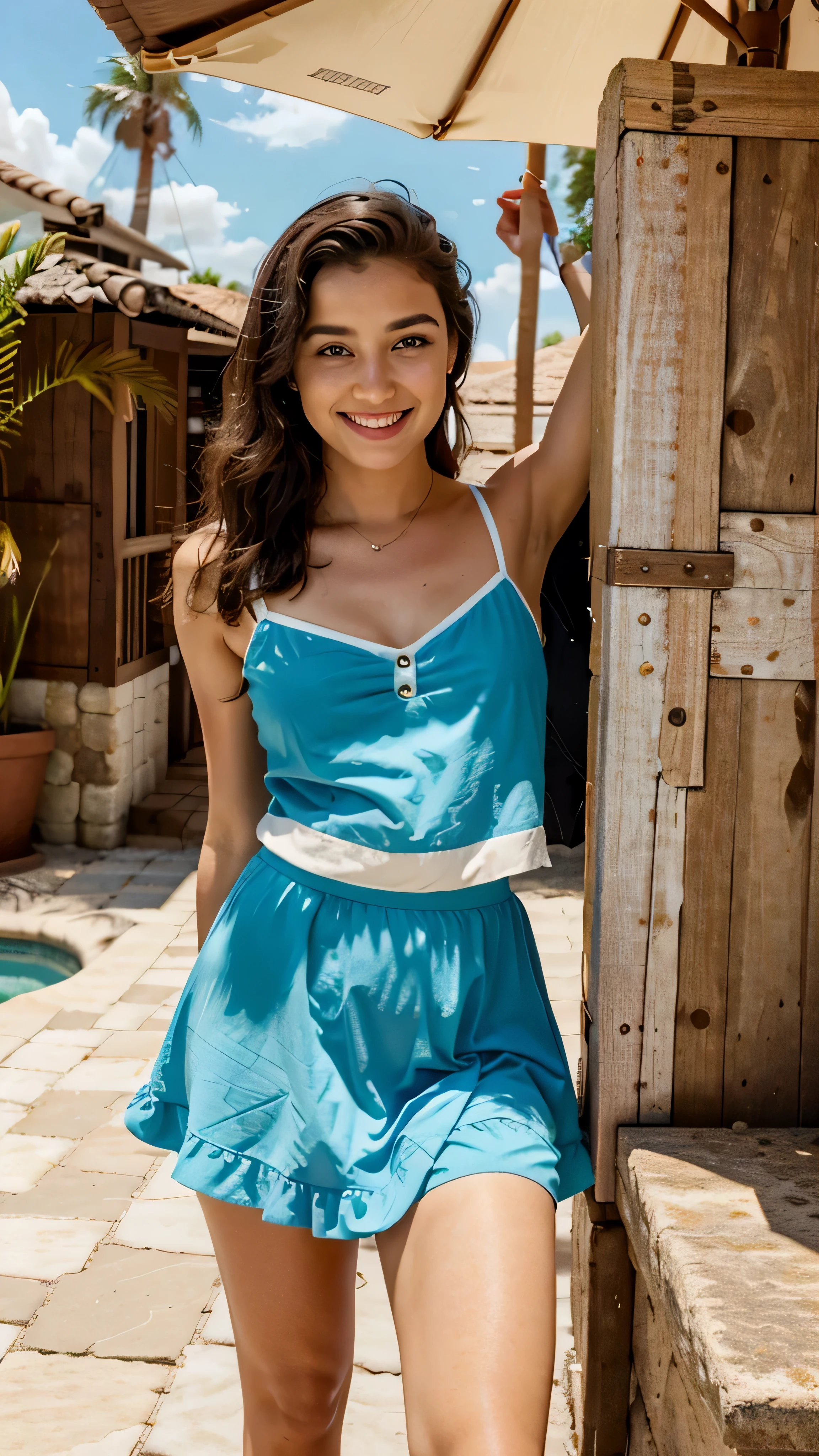 Presentamos el encanto realista: "Libro de miradas 4K. Dulces mujer en vestidos de verano centelleantes: Sundays of fun." Behold a remarkably realistic depiction of a smiling woman dressed in a chic miniskirt and chic top., exudando confianza y atractivo en un domingo soleado. Con cada sonrisa, she embodies the essence of youthful exuberance and relaxation. Immerse yourself in the vivid realism of this sun-drenched scene., captured in stunning high definition.