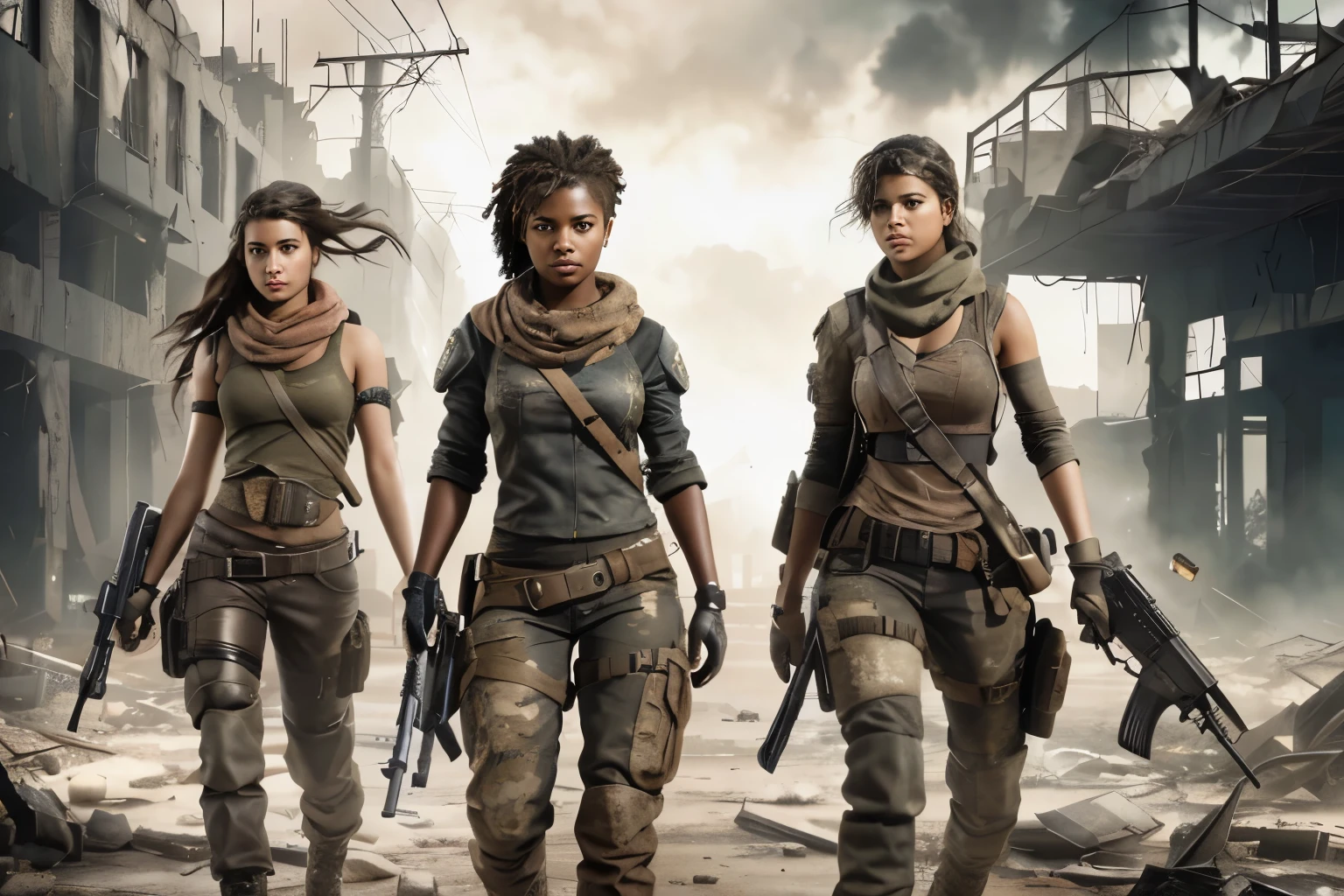 three women in army uniforms walking through a destroyed city, post - apocalyptic warriors, post - apocalyptic style, postapocalyptic style, post apocalyptic, postapocalyptic vibes, postapocalyptic, post - apocalyptic, post-apocalyptic, post apocalyptic attire, post - apocalyptic vibe, in a post-apocalyptic wasteland, apocalyptic style, in a post apocalyptic setting