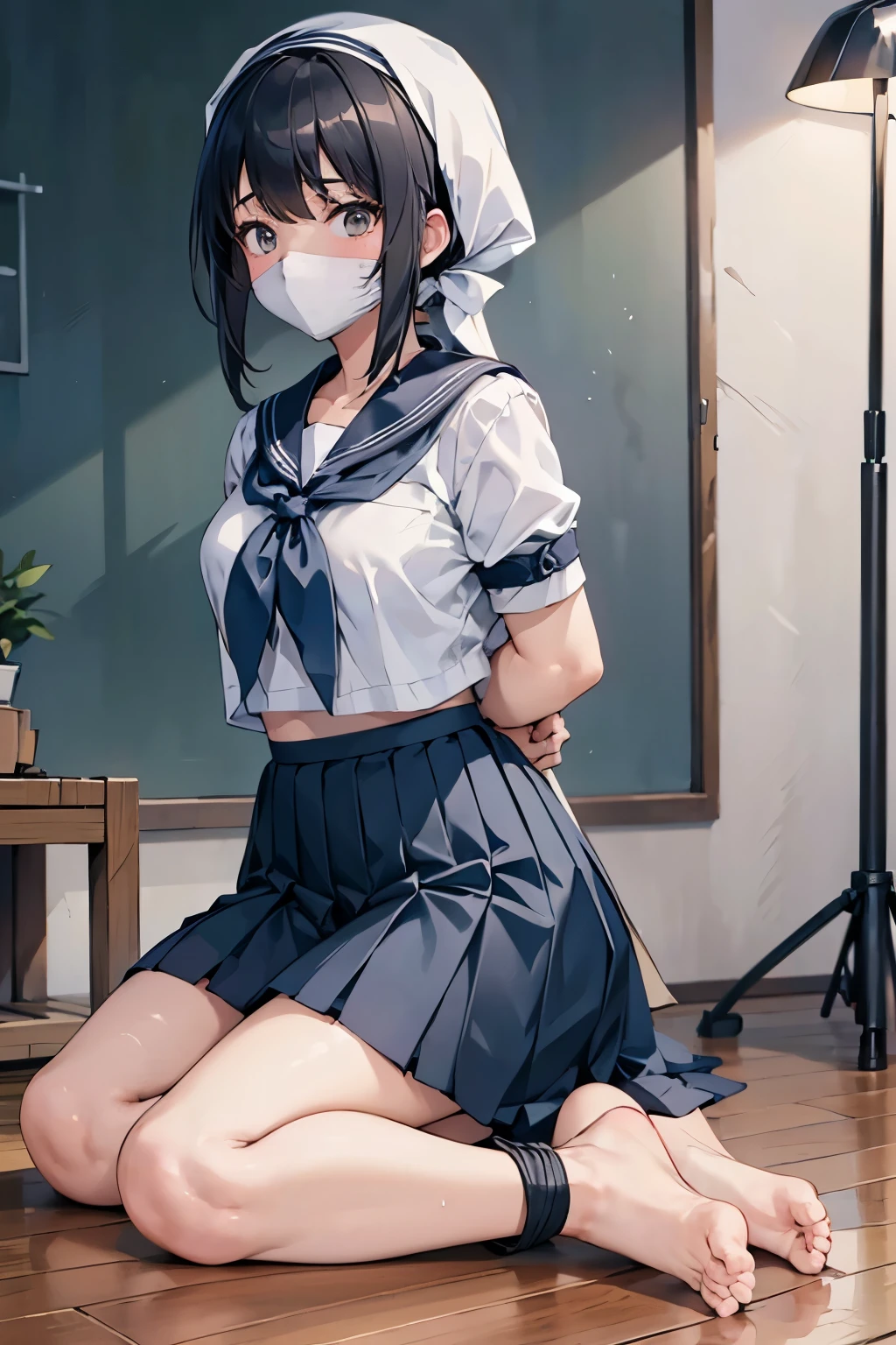 (Highly detailed CG unity 8k), (highest quality)，(very detailed)，(ultra high resolution), 1 female, white cloth gag, uniform, sailor suit, rope bondage, breasts rope bondage, hands back rope bondage, leg rope bondage, thigh rope bondage, bust rope bondage, feet rope bondage, arms are behind the waist, bound wrists, shackles the ankles, Dark blue skirt, black hair, straight hair, BDSM, Bandanas on the head, 