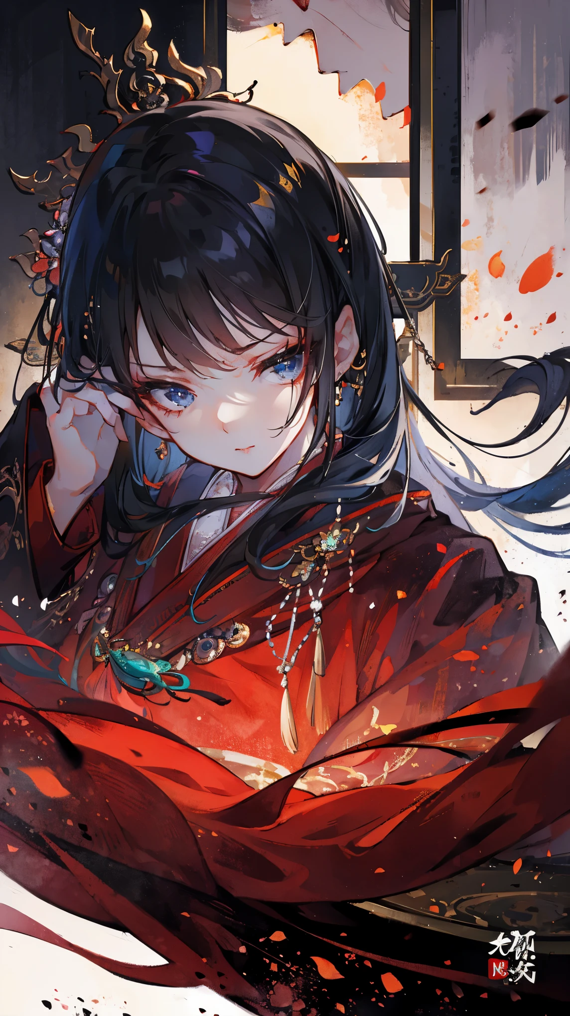 (extremely detailed 8K wallpaper),(ultra-detailed),(best quality),(masterpiece),(highly detailed),(cinematic lighting),(Original),Cold ligh,moody,32K 景深,((headshot)),(Chinese elaborate-style painting),1girl,solo,很长的头发,高冷的表情,白袍