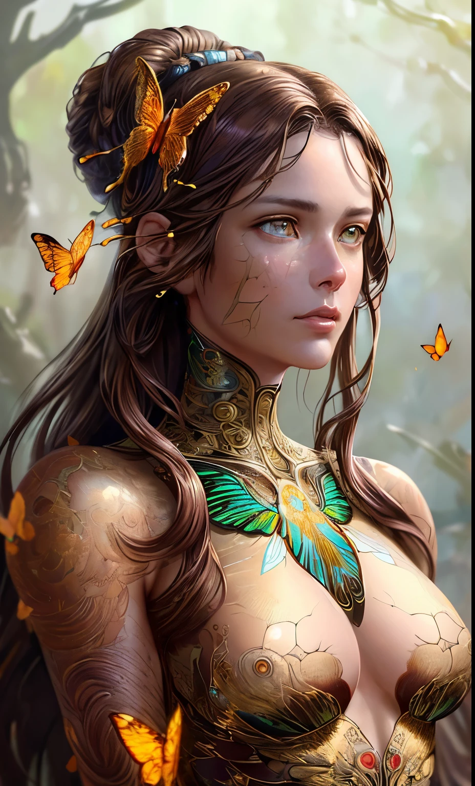 8k portrait of beautiful cyborg with brown hair, intricate, elegant, highly detailed, majestic, digital photography, art by artgerm and ruan jia and greg rutkowski surreal painting gold butterfly filigree, broken glass, (masterpiece, sidelighting, finely detailed beautiful eyes: 1.2), hdr, 