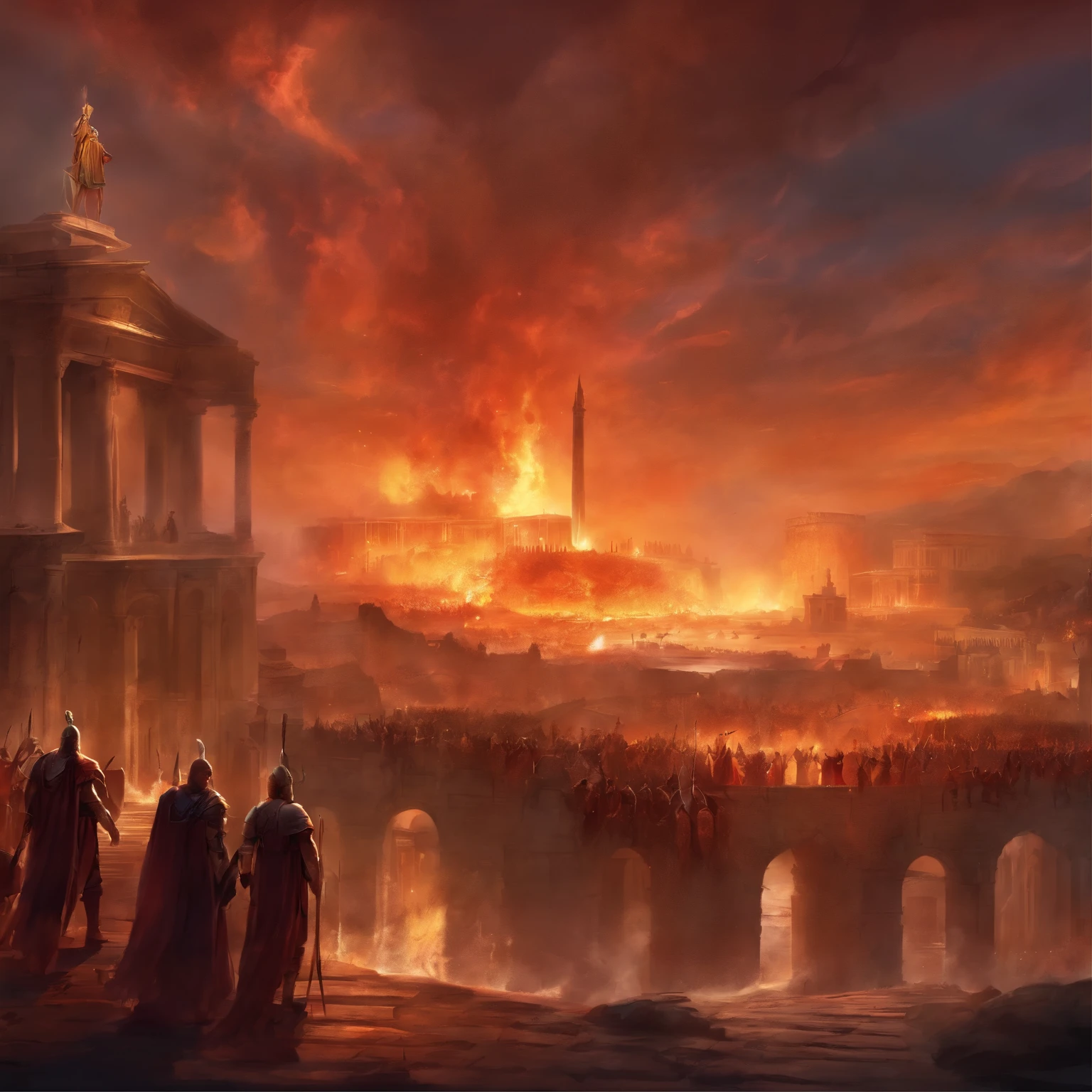 Ancient rome, warriors, waging war with barbarians, blood Al over the place, the city covered in blood, warriors raging and shouting, anger, fire and water in the place, city on fire, masterpiece, ultra HD