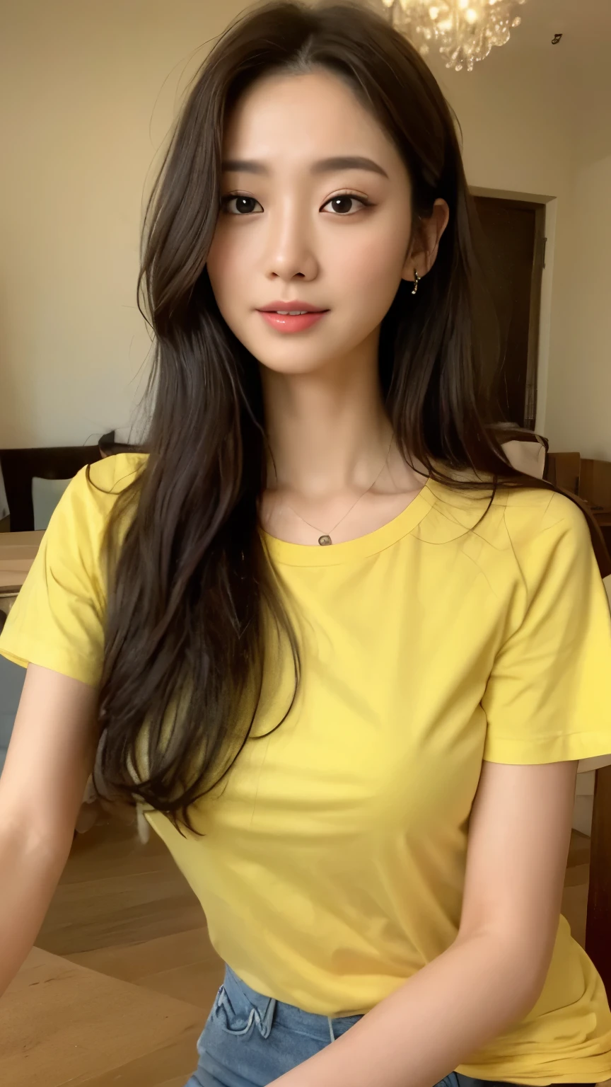 ((top-quality、8k、masterpiece:1.3))、Beautiful woman with perfect body:1.4、slim abdomen:1.2、Longhair, normal breast, Highly detailed facial and skin texture, A detailed eye, delicate eyes, double eyelid, (smile), (full body shot), ((cafe 1.1)), (sitting on chair), (((wearing yellow casual t-shirt))), looking in front