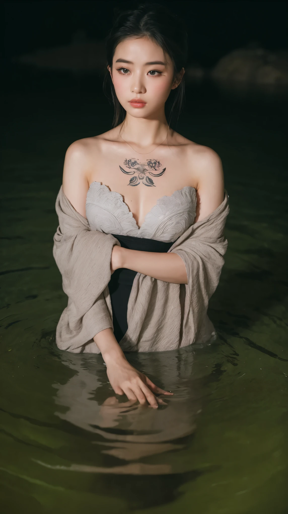 ((Best quality, 8k, Masterpiece :1.3)), Beautiful geisha in kimono.bare shoulders, ((Full Body)),Laying down on a small boat. At the waterfall lake. Night view. Moon decorated. #top-angle shot With dark light_snapshot, photo, high resolution, 4k, 8k, bokeh background)) mix4, 20d_Tattoo face texture. Tattoo Hand. Chest tattoo. Tattoo shoulder.