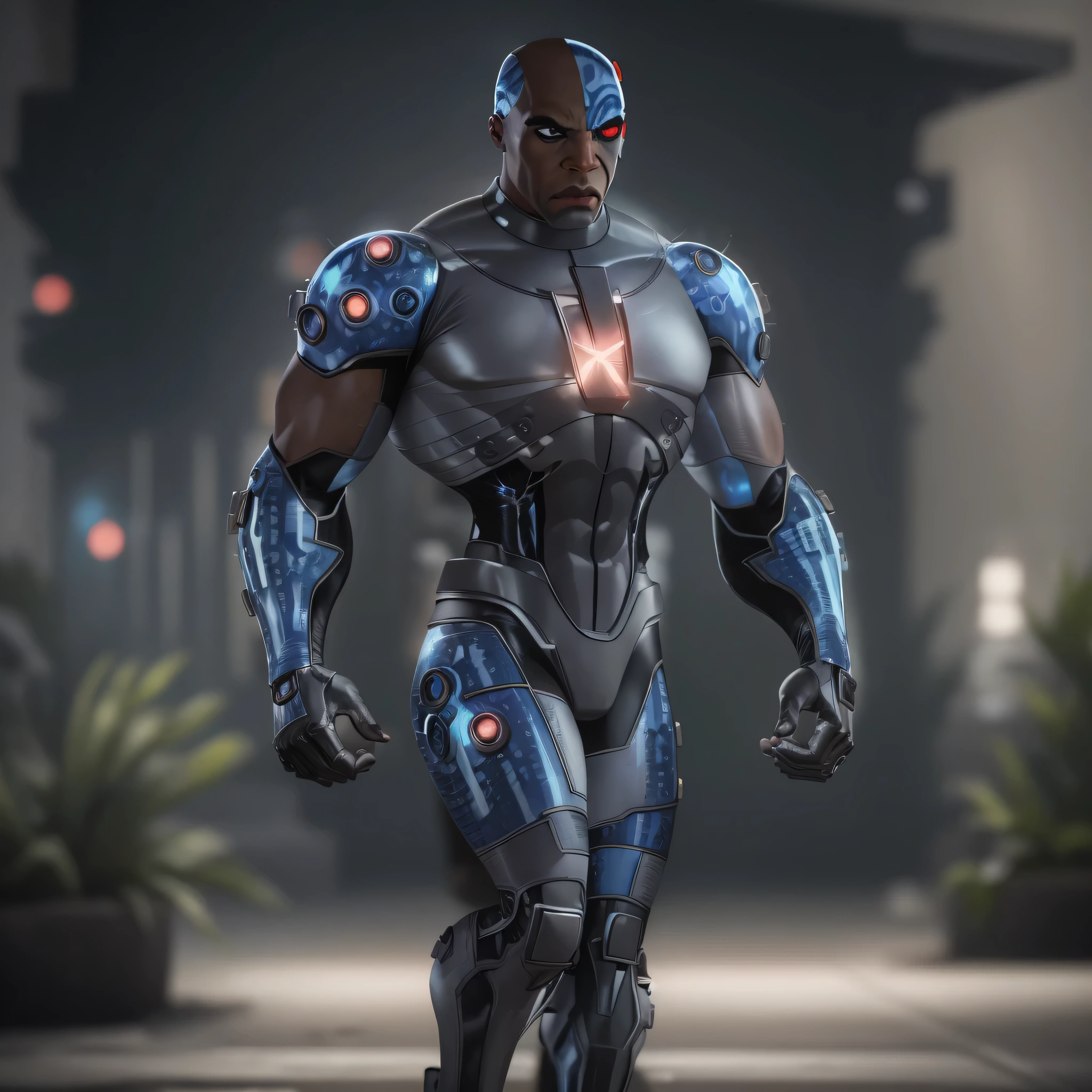 Full body image, DC Comics, Cyborg Victor Stone, black man, photo-realistic, octane render, unreal engine, ultra-realistic