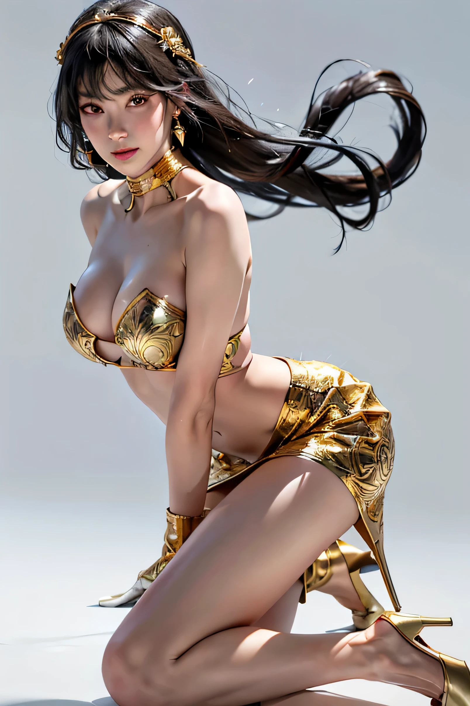Ulchan-6500-v1.1, (RAWphotograph:1.2), (realistic:1.4), beautiful detailed girl, very detailed eyes and face, beautiful and detailed eyes, 1 girl, Backlight, bare shoulders, (((white background))),(((white background))),(((white background))), black dress, black gloves, black hair, (long hair), black eye, (shining eyes), (白いthighs: 1.2),chest, closed mouth, cowboy shot, dress, earrings, Expressionless, fingerless gloves, floating hair, flower, gloves, gold earrings, gold hair band, hair flower, hair ornaments, hair band, holding, holding arm, jewelry, large chest, particles of light, long hair, looking at the viewer, off-shoulder dress, off shoulder, flowerびら, Rose print, long hairを持つ短い髪, side lock, alone, spike, thighs, two-sided dress, double sided fabric, arm , ((masterpiece)) (sexy smile) (ultra high resolution,photorealistic,realistic,highest quality,photo-realistic) full-body portraits of a stunning woman in various stylish outfits and stand poses. photograph、Shot in a bright and modern environment with natural light and shallow depth of field Shots are taken using a full-frame DSLR camera and a 50mm f/1.8 lens for a shallow depth of field effect. The clothing styles and colors are varied, adding a sense of movement and dynamism. The lighting is perfect, creating dramatic shadows that add depth and dimension to the photo.ultra realistic 8k CG, perfect artwork, ((perfect woman image)), highest quality,ultra high resolution,(photo realistic:1.4),picture-perfect face, perfect face, beautiful face, ((perfect female body)), Charm, Charmな, erotic, Charm, Charmな, mature woman, tight waist, ゴージャスな女god, god, godの女王, absurdly long hair,((intricate details, delicate pattern)),(Spotlight, perfect lighting, detailed light, dramatic shadow, ray tracing) (Gold High Heels:1.5)
