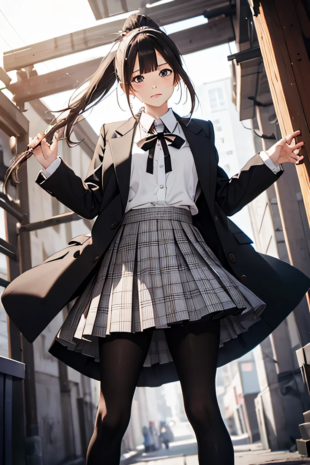 1girl, ((girl)) 、1 person、small face,20-year-old、 (tears) 、cry、white coat、white sweater、((plaid pleated skirt)) 、((black pantyhose:1.5)) 、Brown snow boots, (princess cut), (bob cut)、(medium hair)、(ponytail:1.5) 、brown hair 、sad expression、 ((no background:1.5))